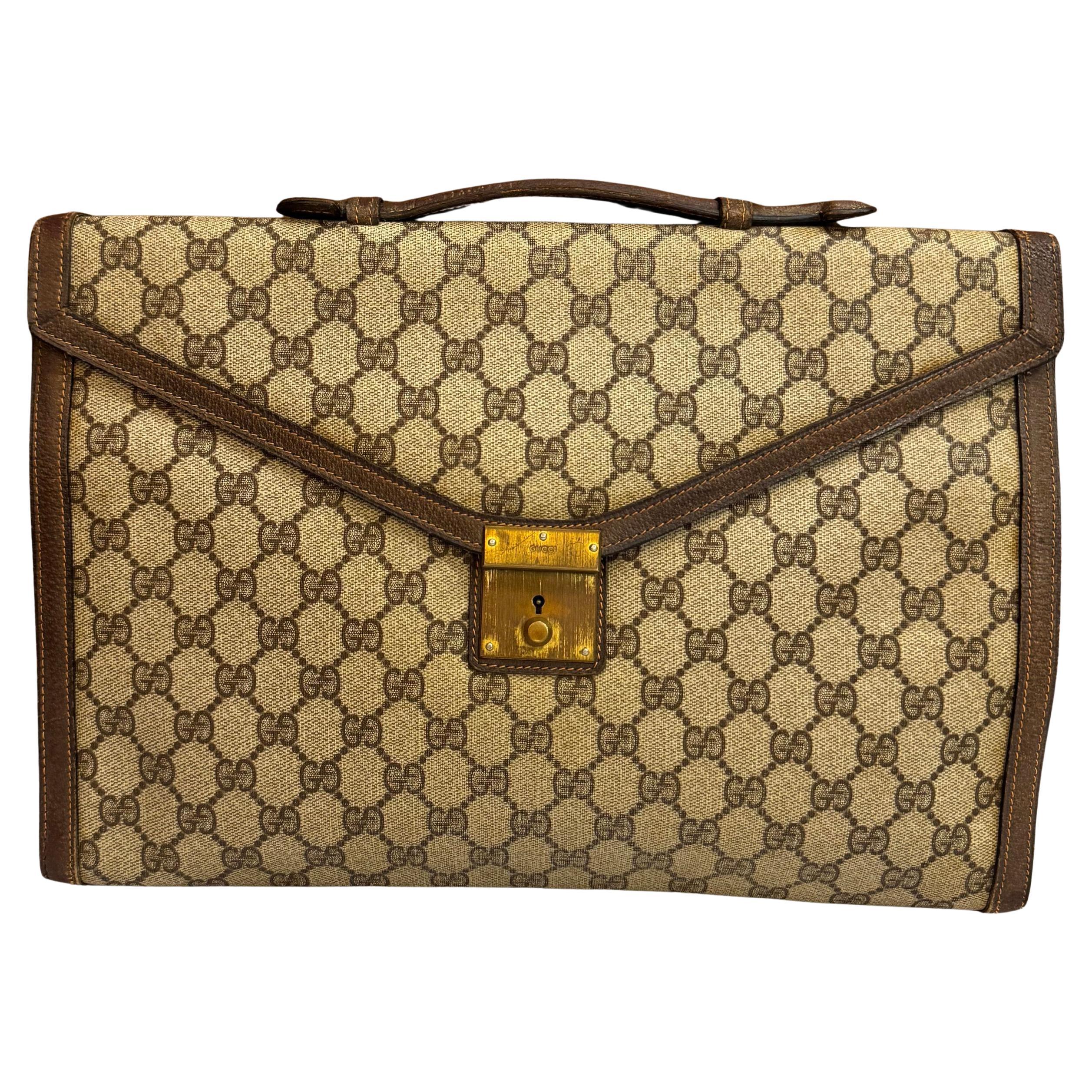 1970s Vintage GUCCI Monogram Canvas Business Bag Brown For Sale