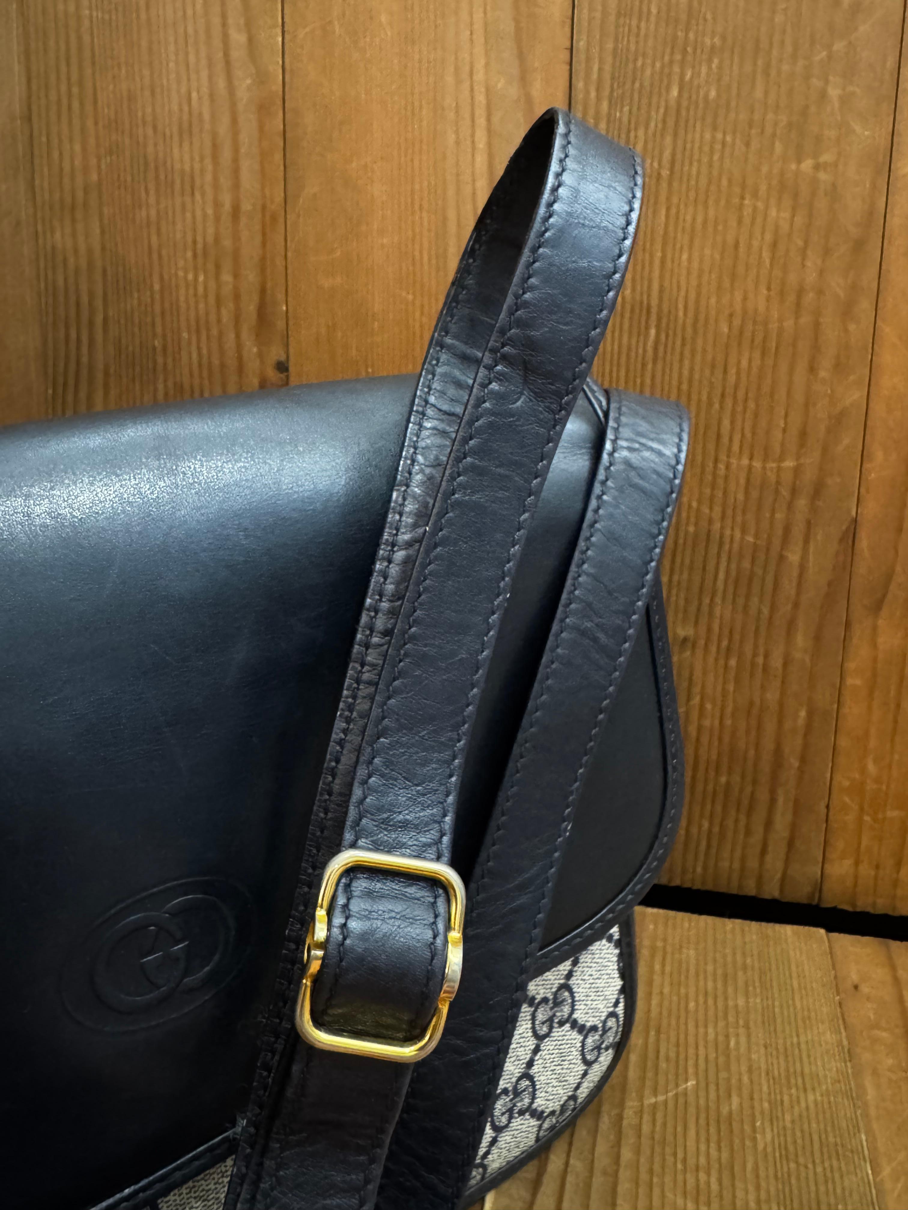 1970s Vintage GUCCI Monogram Canvas Crossbody Bag Navy Perforated GG 5