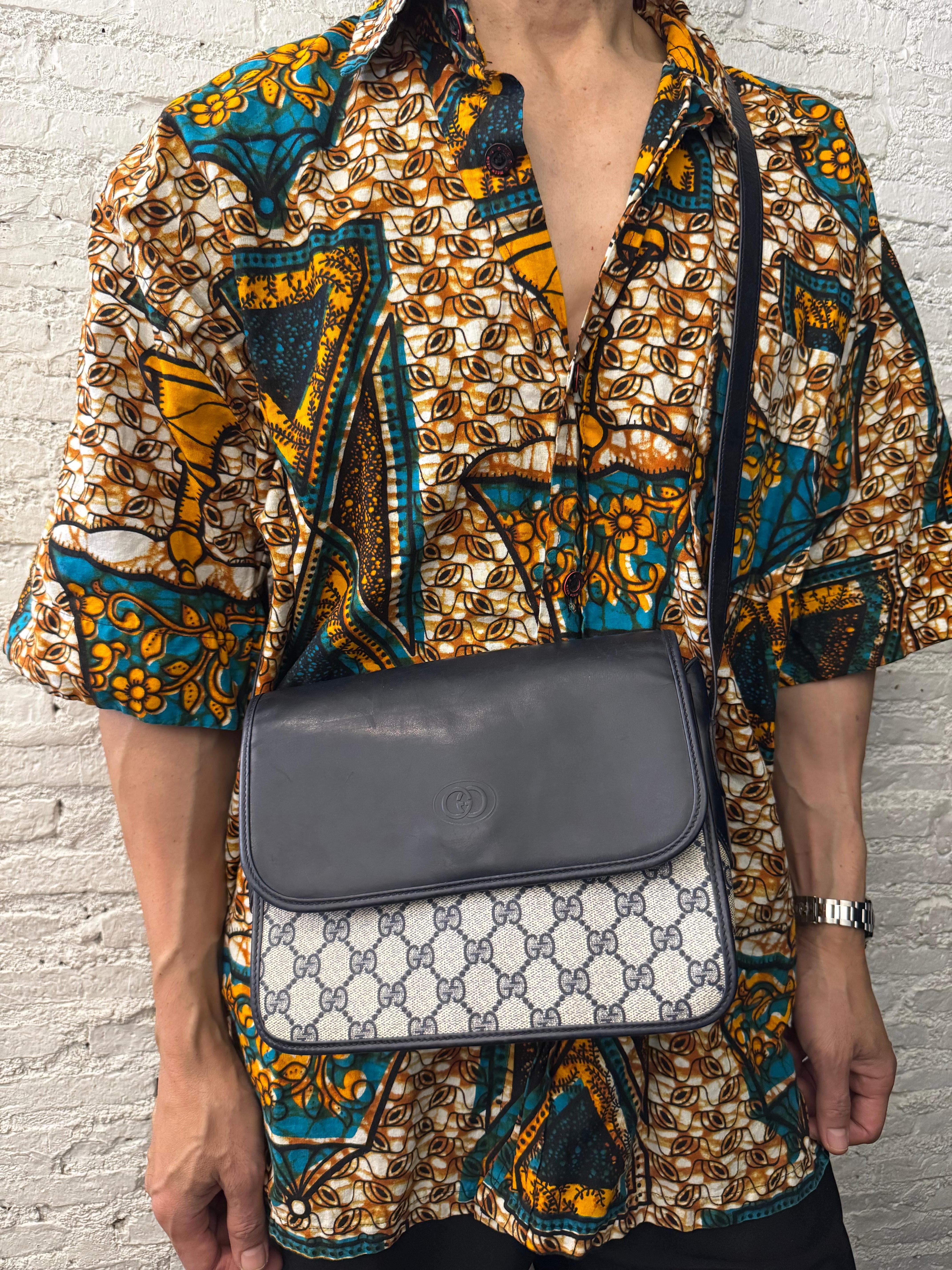 1970s Vintage GUCCI Monogram Canvas Crossbody Bag Navy Perforated GG In Good Condition In Bangkok, TH