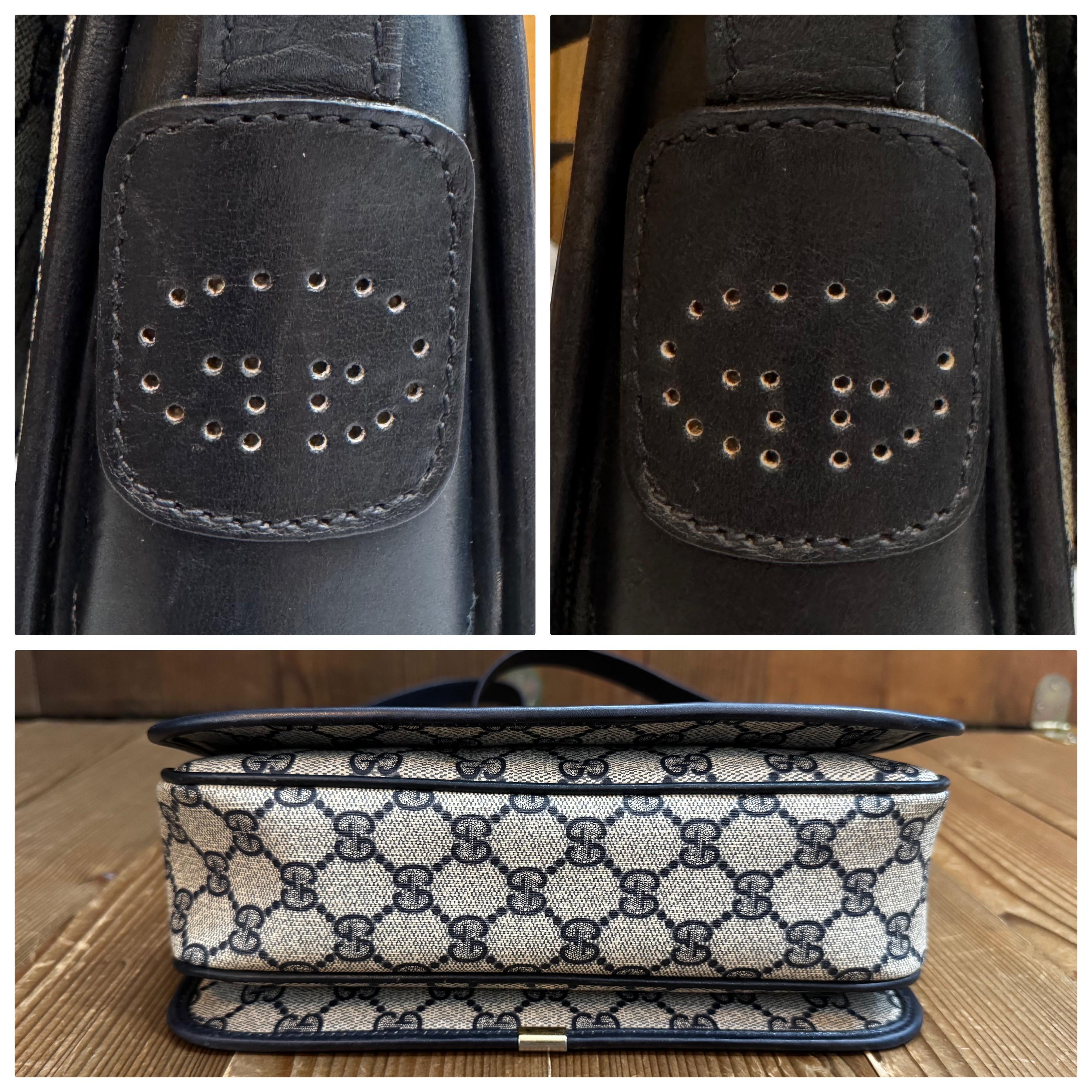 Women's or Men's 1970s Vintage GUCCI Monogram Canvas Crossbody Bag Navy Perforated GG
