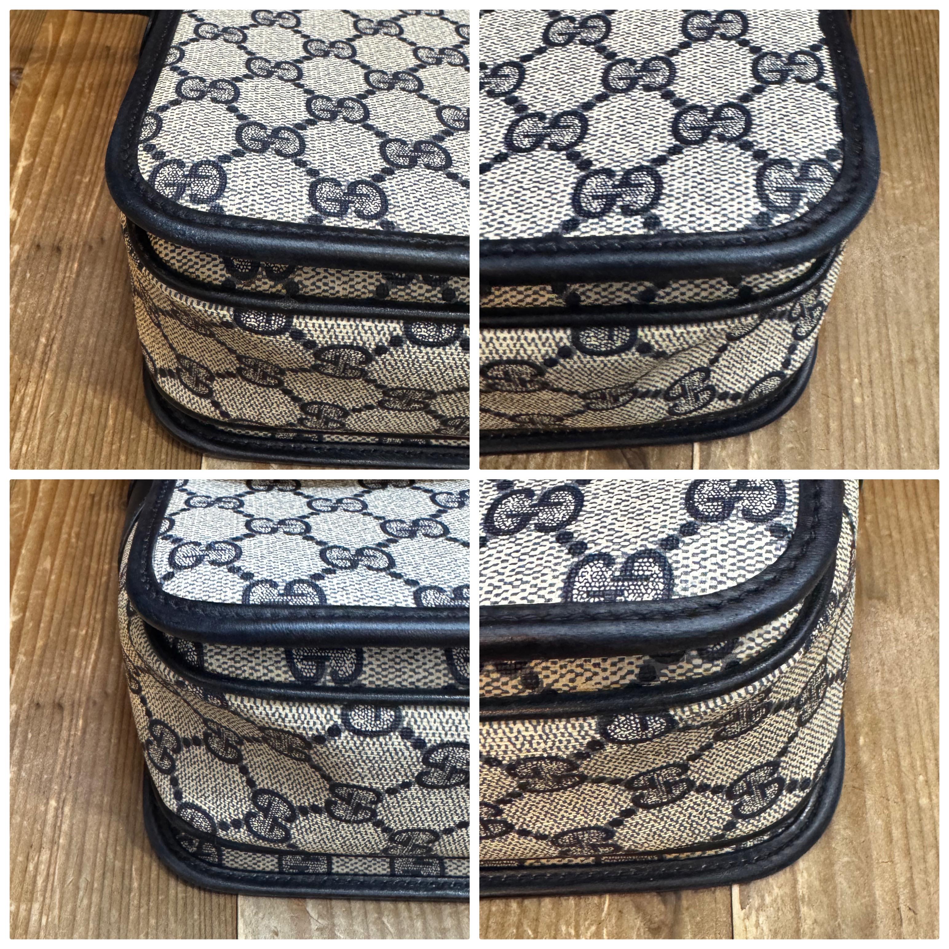 1970s Vintage GUCCI Monogram Canvas Crossbody Bag Navy Perforated GG 1