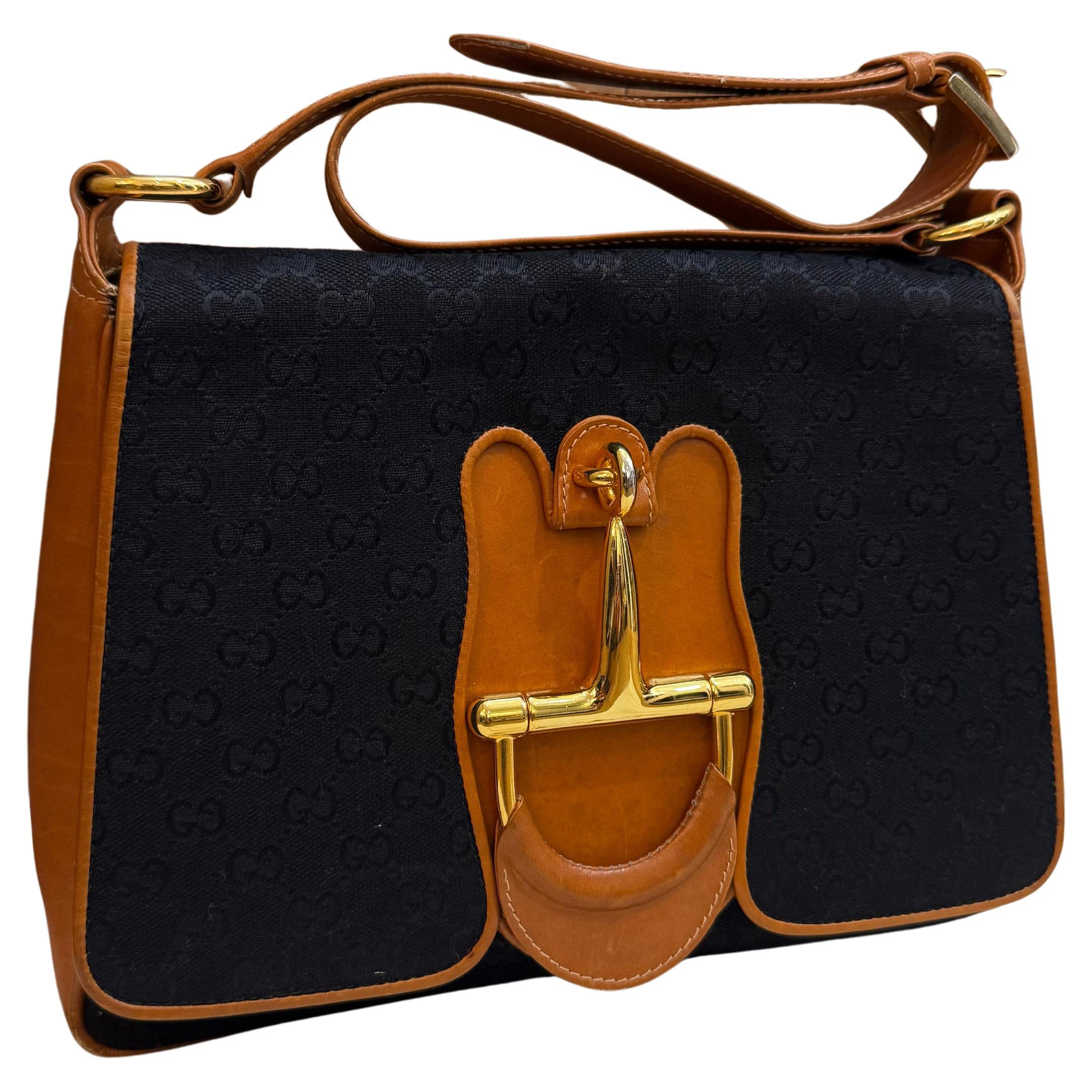 1970s Vintage GUCCI Monogram GG Jacquard Horsebit Shoulder Bag Black