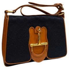 1970s Vintage GUCCI Monogram GG Jacquard Horsebit Shoulder Bag Black