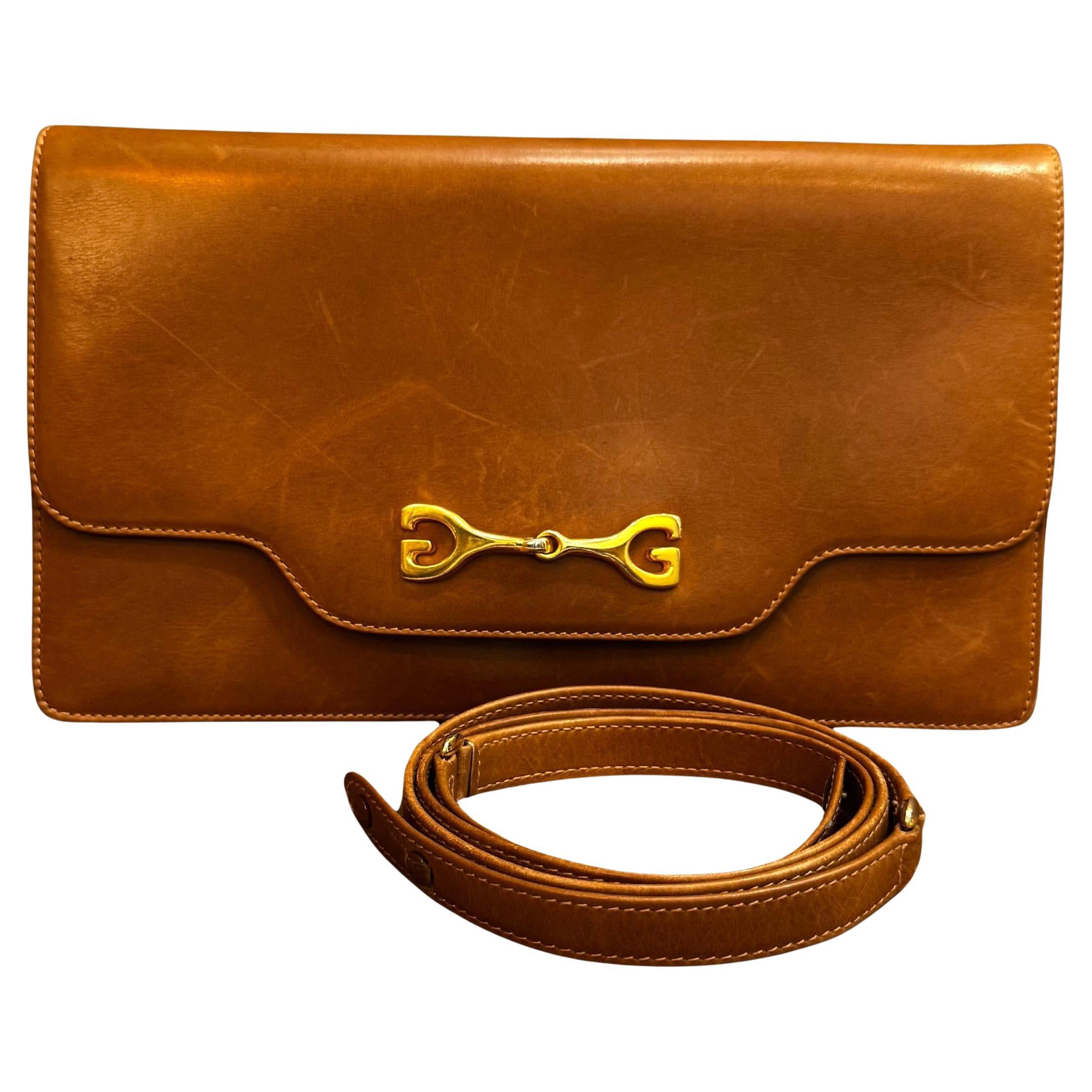 1970s Vintage GUCCI Two-Way Leather Shoulder Bag Cowhide Brown For Sale