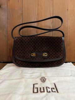 1970s Vintage GUCCI Two-Way Monogram Suede Shoulder Clutch Bag Brown