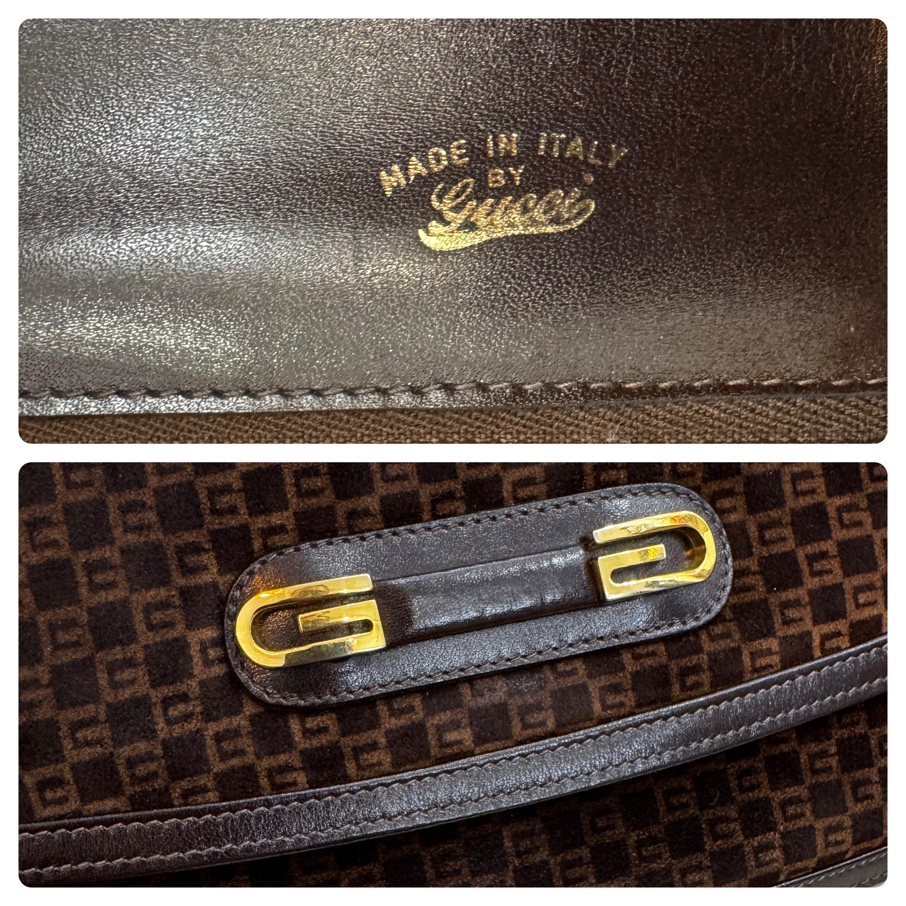 1970er Vintage GUCCI Zwei-Wege-Wildleder Monogram Umhängetasche Braun im Angebot 3