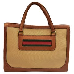 1970s Vintage GUCCI Web Canvas Book Tote Bag Khaki Brown