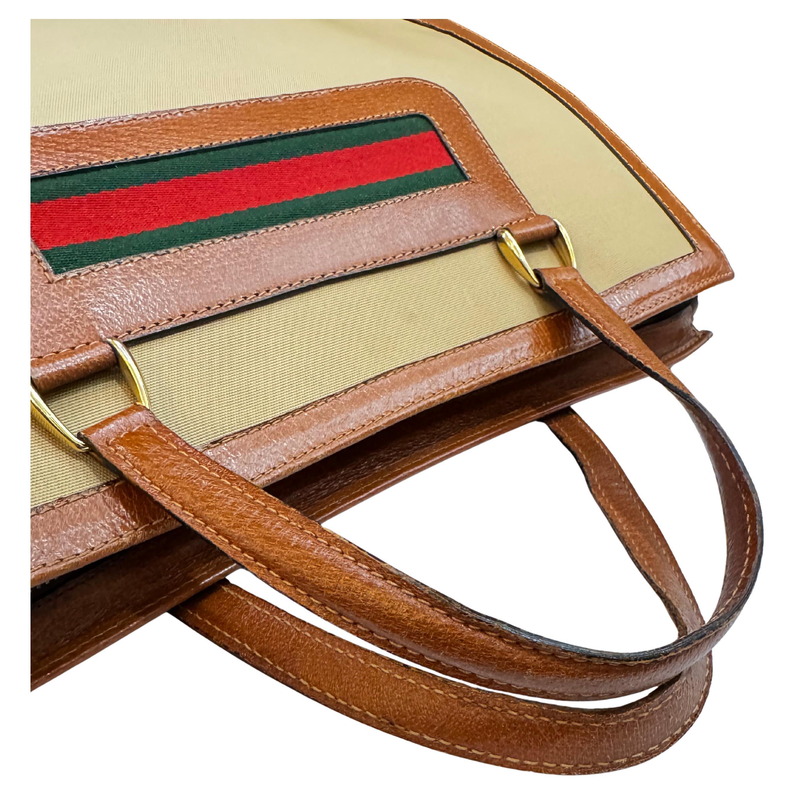 Women's or Men's 1970s Vintage GUCCI Web Canvas Book Tote Bag Khaki Brown For Sale
