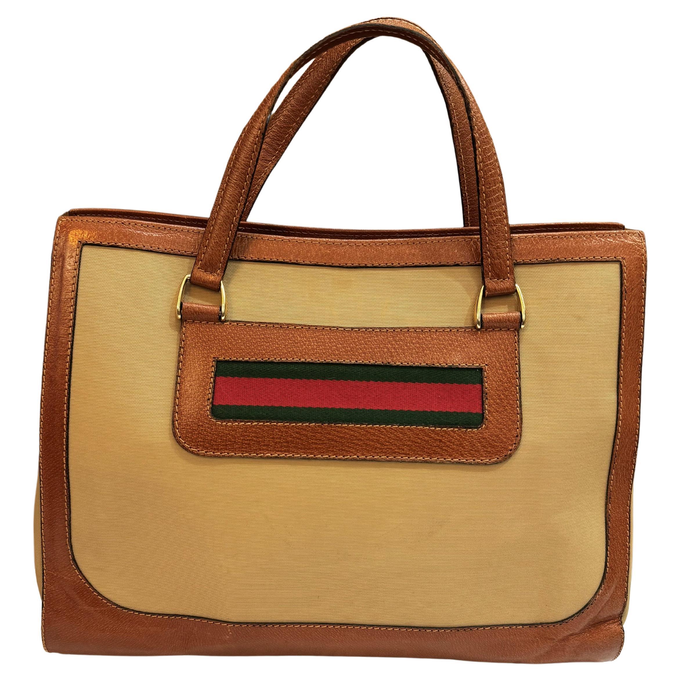 1970s Vintage GUCCI Web Canvas Book Tote Bag Khaki Brown For Sale
