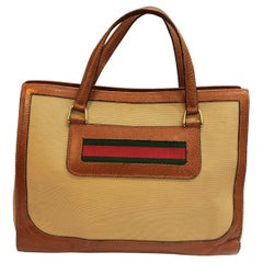 1970s Vintage GUCCI Web Canvas Book Tote Bag Khaki Brown