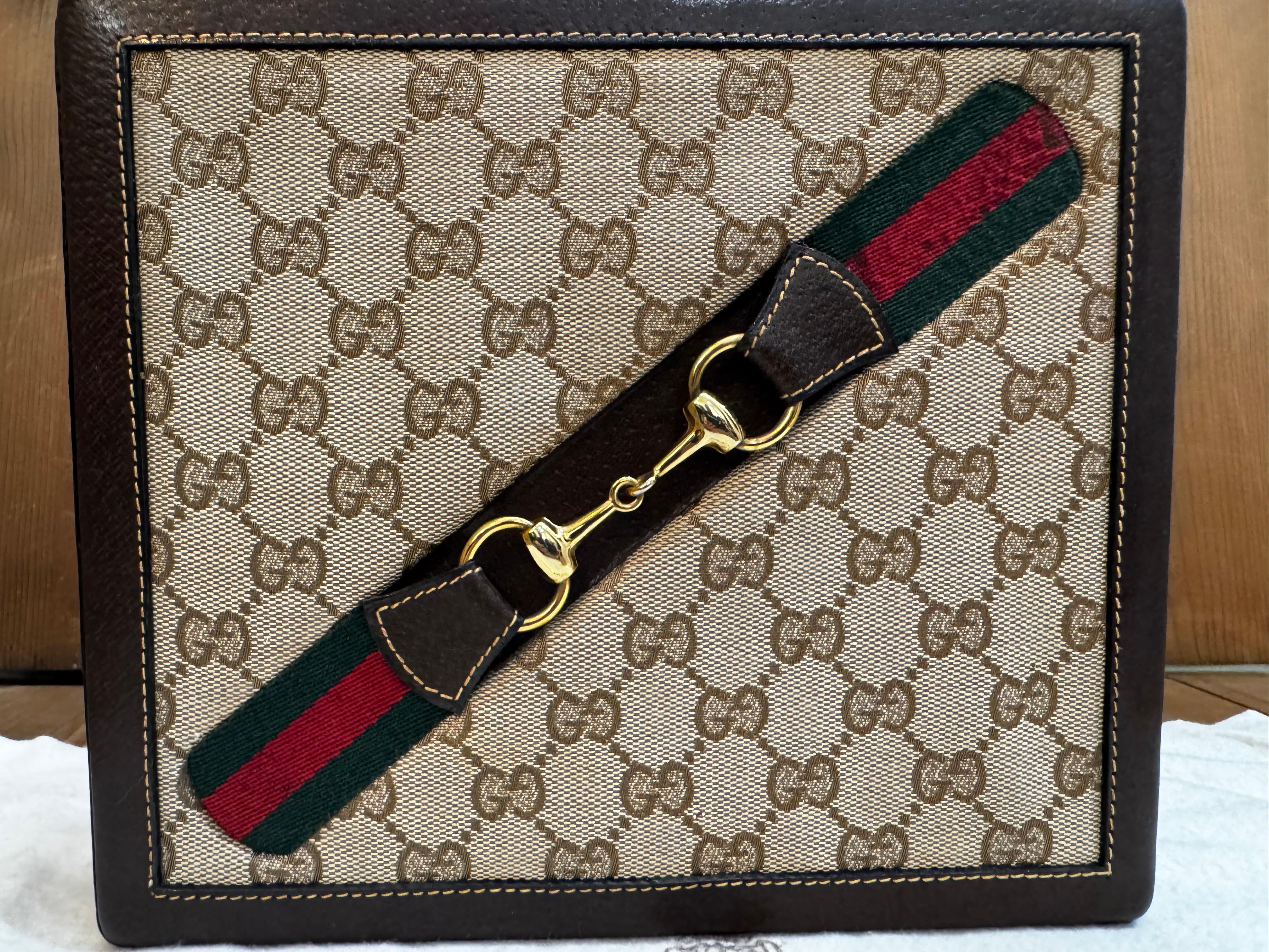 1970s Vintage GUCCI Web GG Jacquard Mini Horsebit Trunk Case Brown For Sale 5