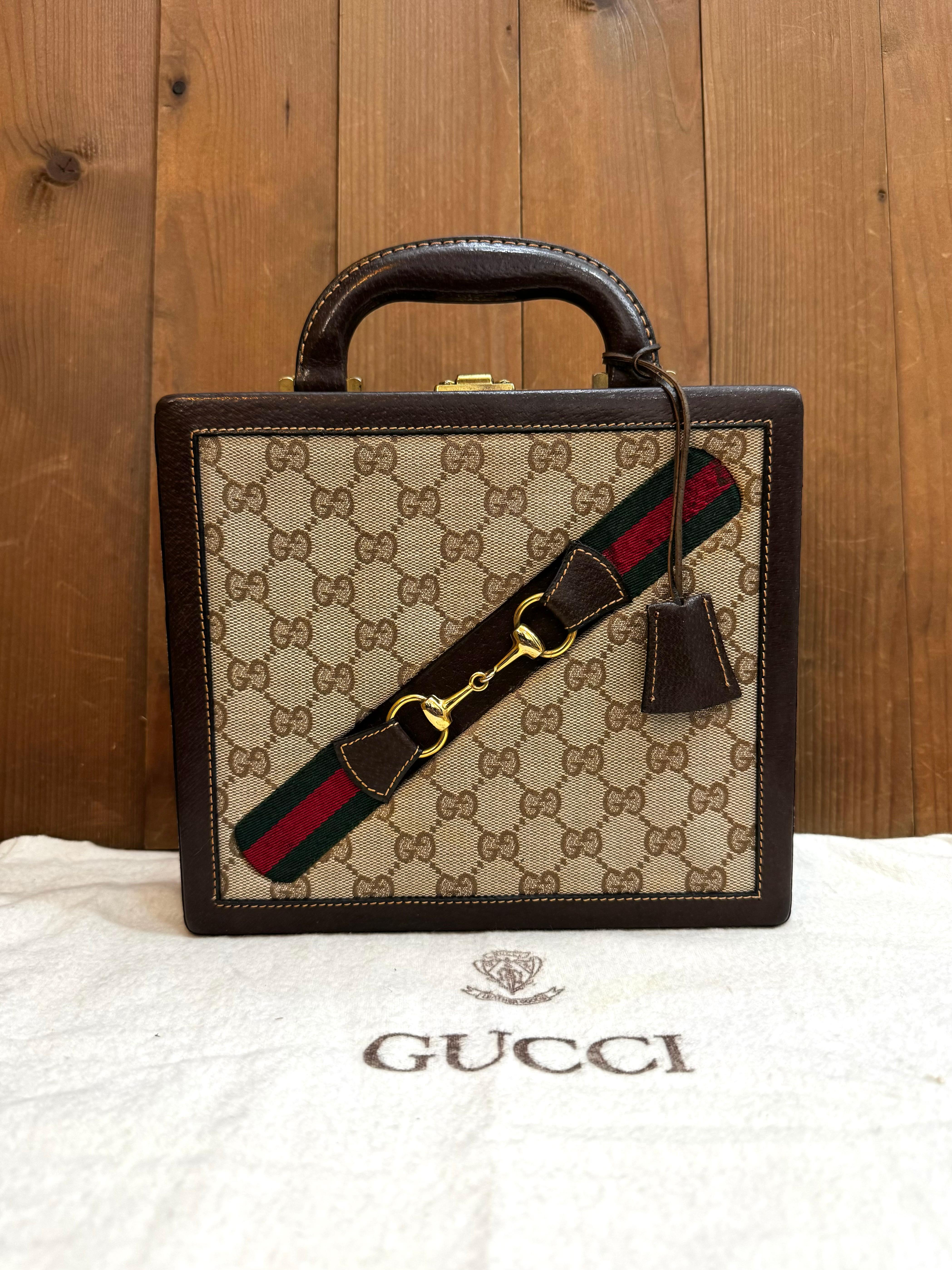 1970s Vintage GUCCI Web GG Jacquard Mini Horsebit Trunk Case Brown For Sale 6