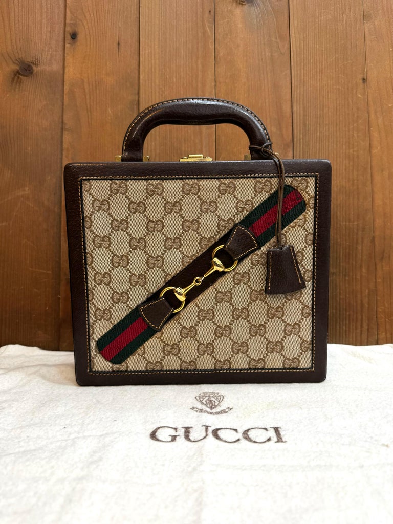 1970s Vintage GUCCI Web GG Jacquard Mini Horsebit Trunk Case Brown