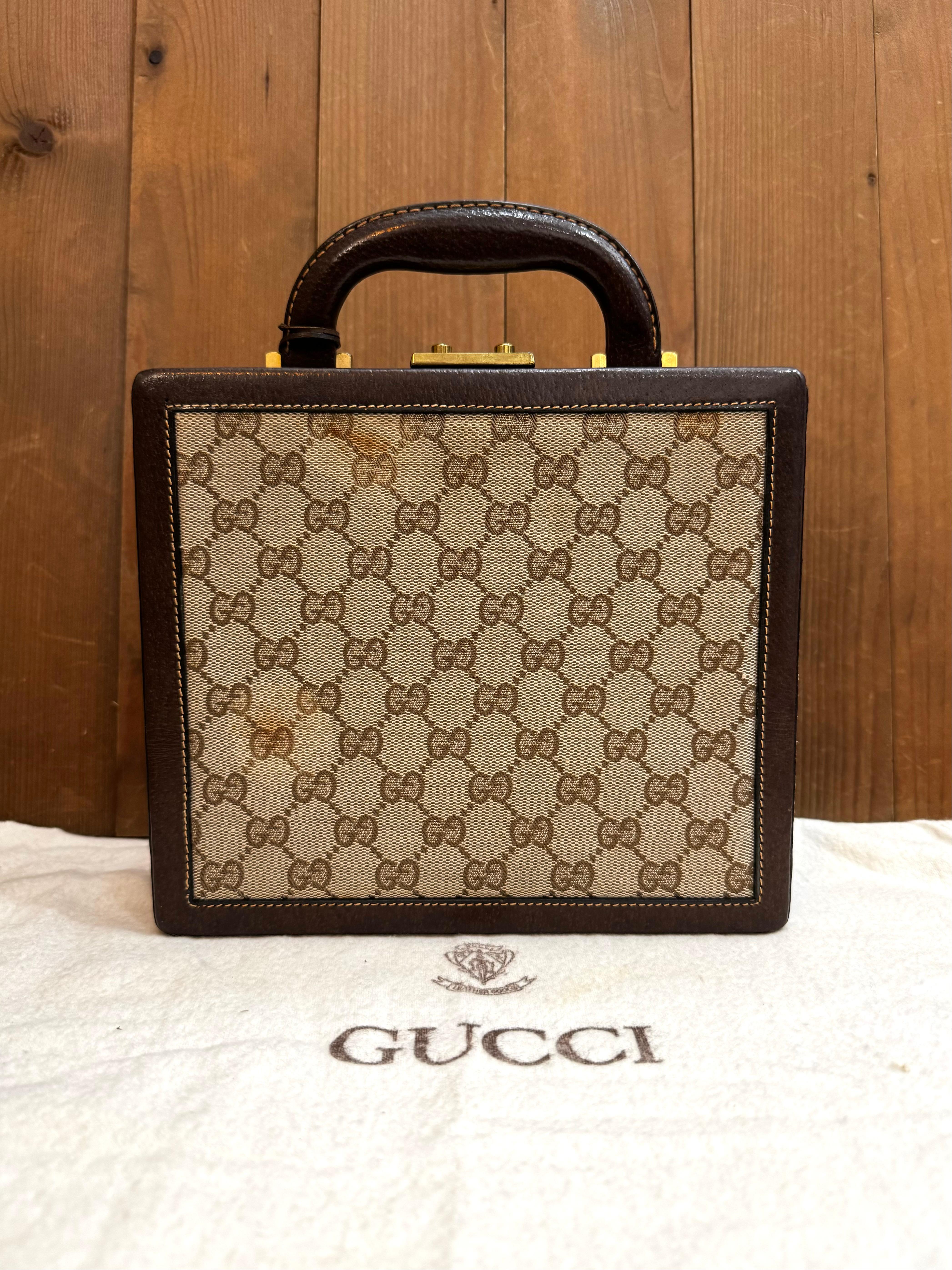 1970s Vintage GUCCI Web GG Jacquard Mini Horsebit Trunk Case Brown For Sale 7