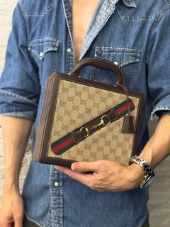 Vintage anni '70 Gucci Web GG Jacquard Mini Horsebit Trunk Case Brown