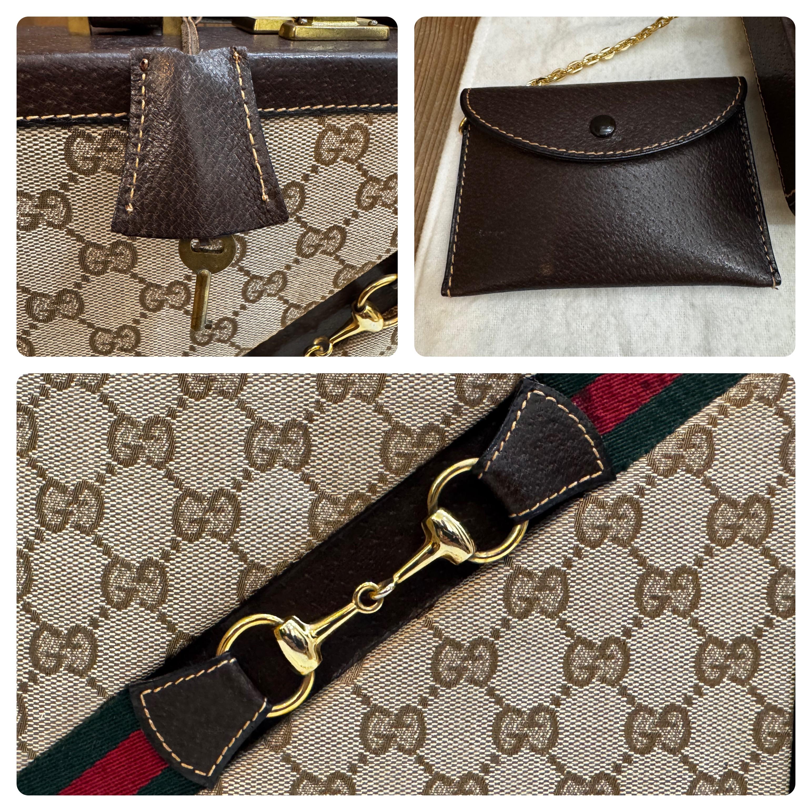 Black 1970s Vintage GUCCI Web GG Jacquard Mini Horsebit Trunk Case Brown For Sale