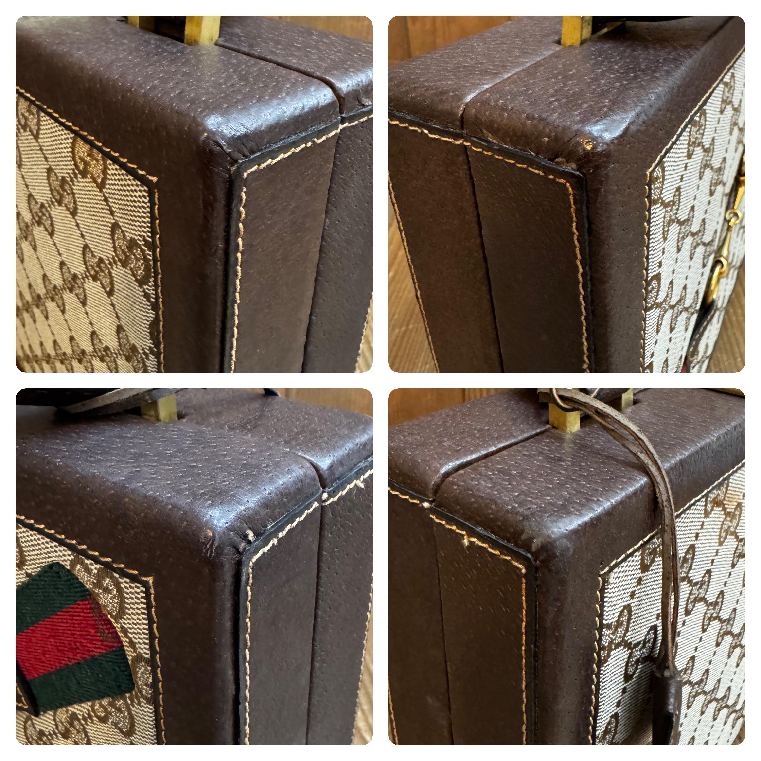 1970s Vintage GUCCI Web GG Jacquard Mini Horsebit Trunk Case Brown For Sale 4