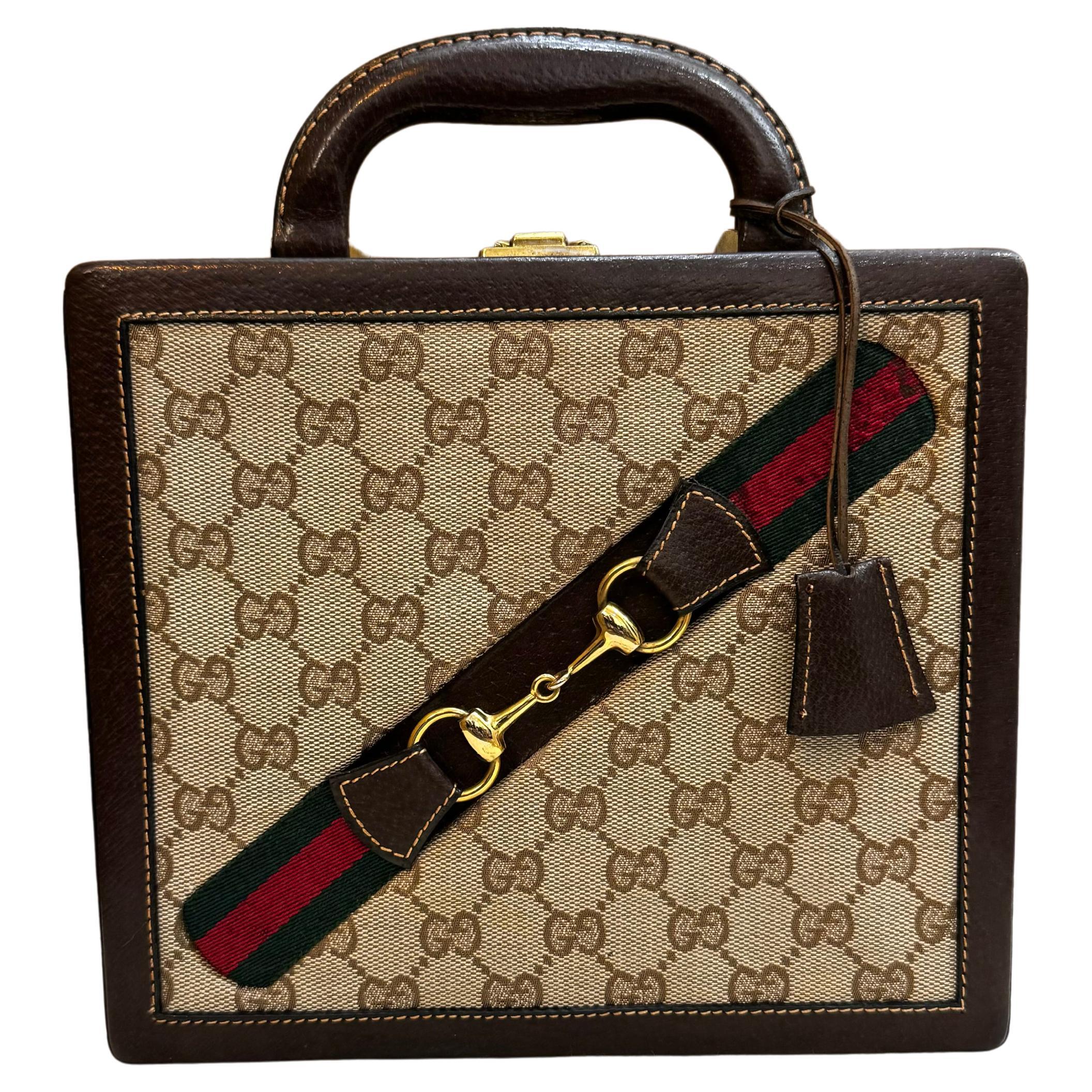 1970s Vintage GUCCI Web GG Jacquard Mini Horsebit Trunk Case Brown