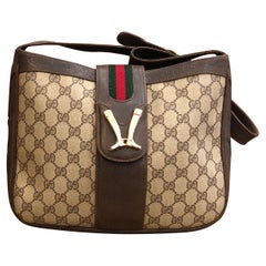 1970s Used GUCCI Web Monogram Canvas Shoulder Bag Equestrian Accent Brown