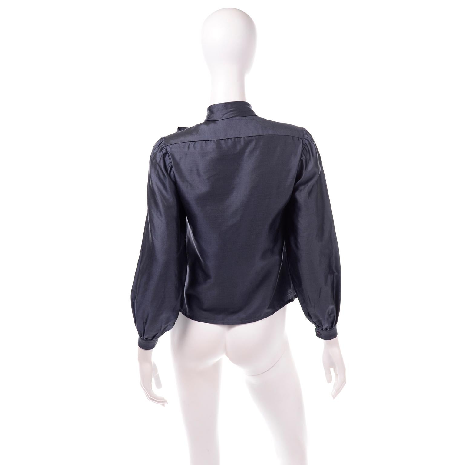 1970s Vintage Halston Long Sleeve Blue Bow Blouse  In Excellent Condition In Portland, OR