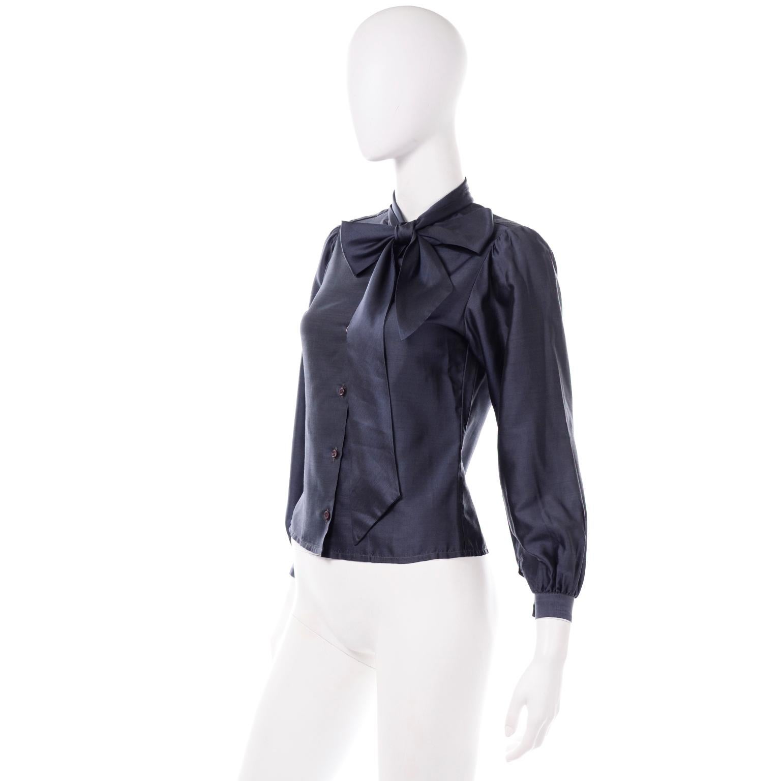 Women's 1970s Vintage Halston Long Sleeve Blue Bow Blouse 