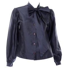 1970s Vintage Halston Long Sleeve Blue Bow Blouse