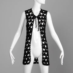 1970s Vintage Hand-Crochet Black Wool Hippie Boho Vest Jacket/ Sweater Coat