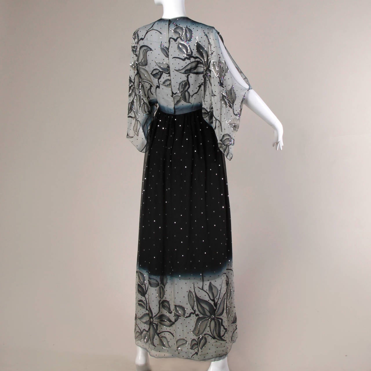Women's 1970s Vintage Hand Painted Silk Ombre Silk Gown with Sequin Embellishment For Sale