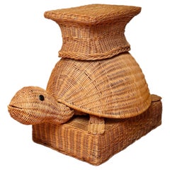 1970s Vintage Handwoven Rattan Wicker Turtle Whimsical Side Table