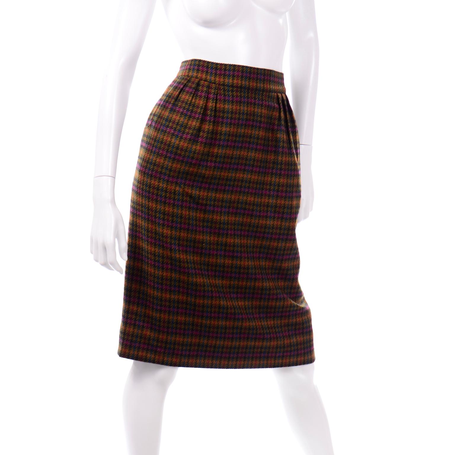 Black 1970s Vintage Hermes Plaid Multi Colored Wool Pencil Skirt For Sale