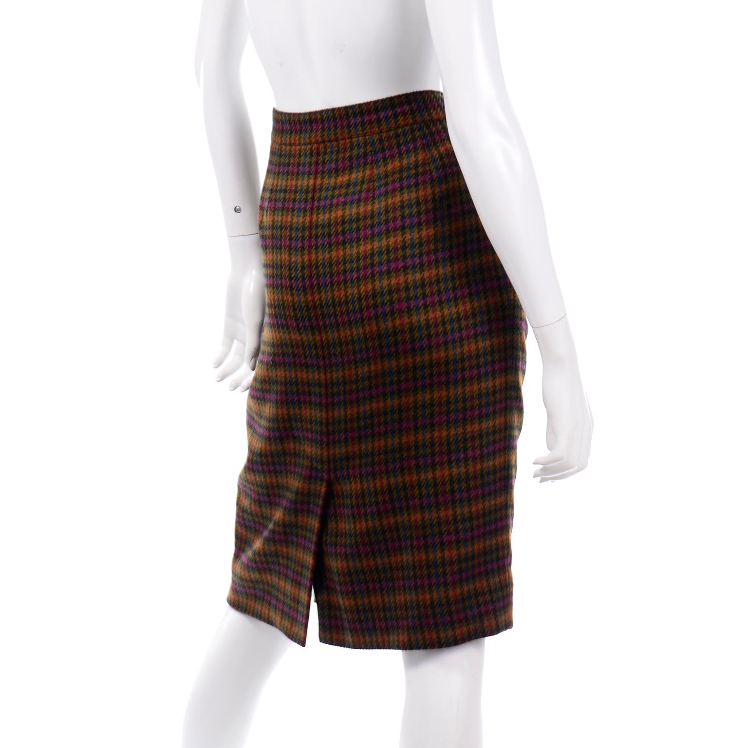 1970s Vintage Hermes Plaid Multi Colored Wool Pencil Skirt In Excellent Condition For Sale In Portland, OR