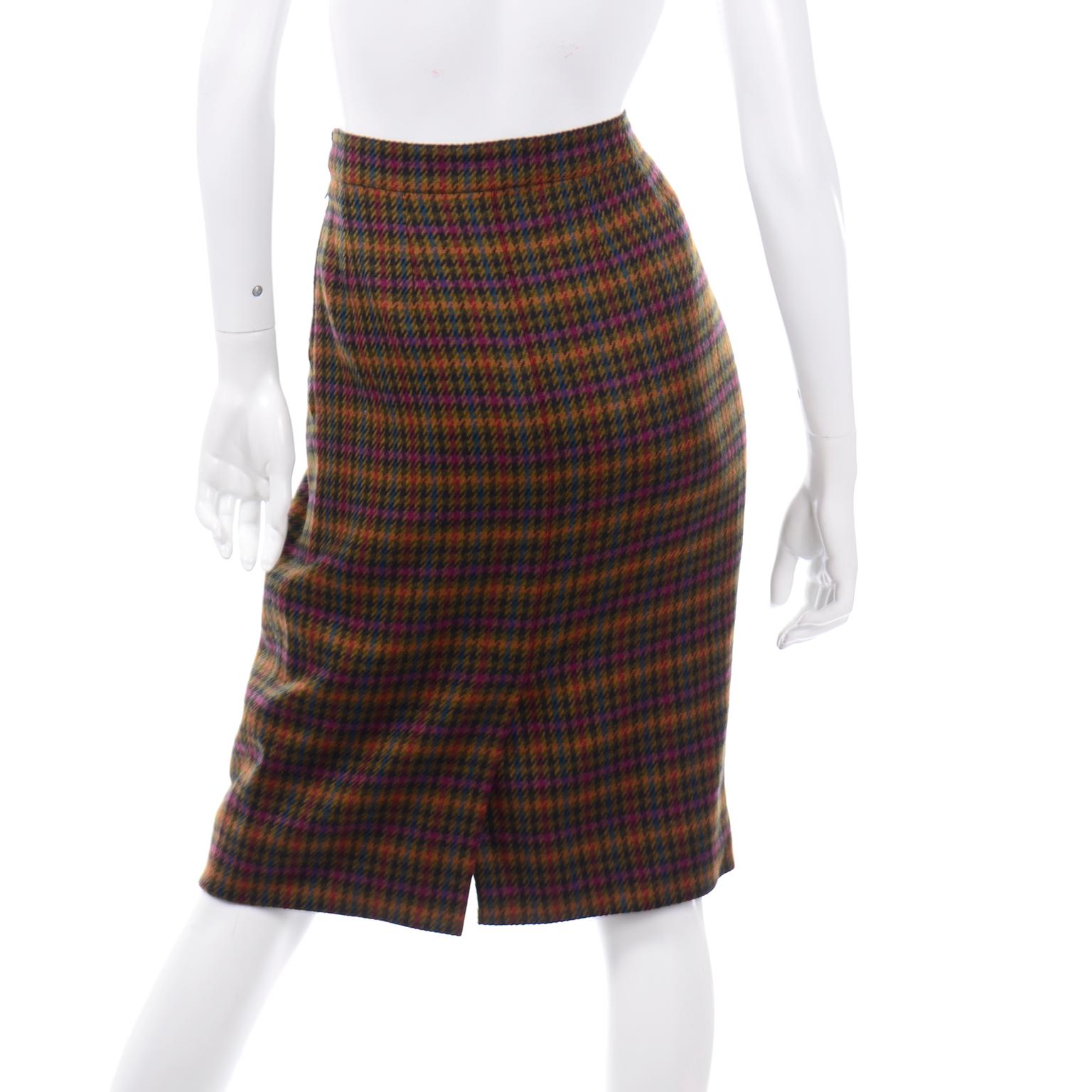 Women's 1970s Vintage Hermes Plaid Multi Colored Wool Pencil Skirt For Sale