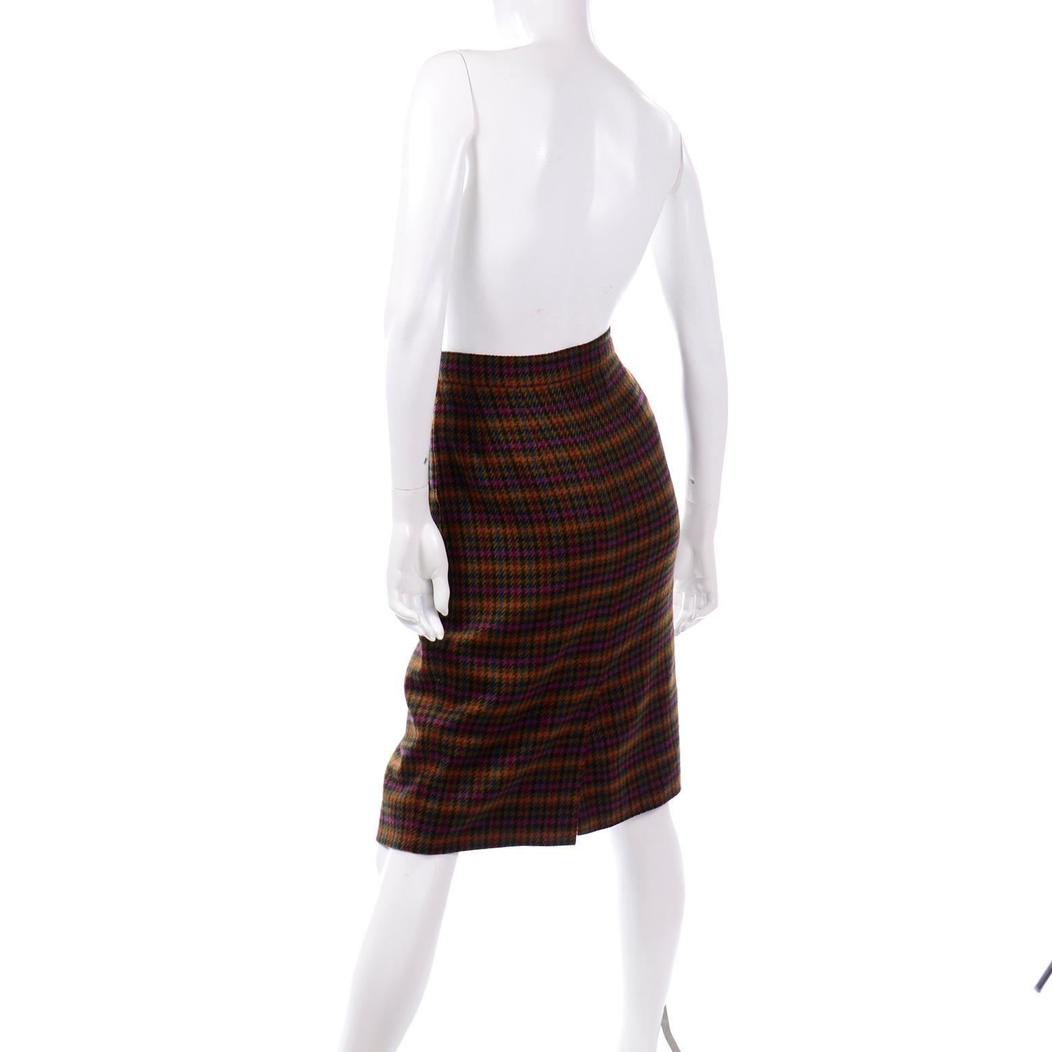 1970s Vintage Hermes Plaid Multi Colored Wool Pencil Skirt For Sale 1