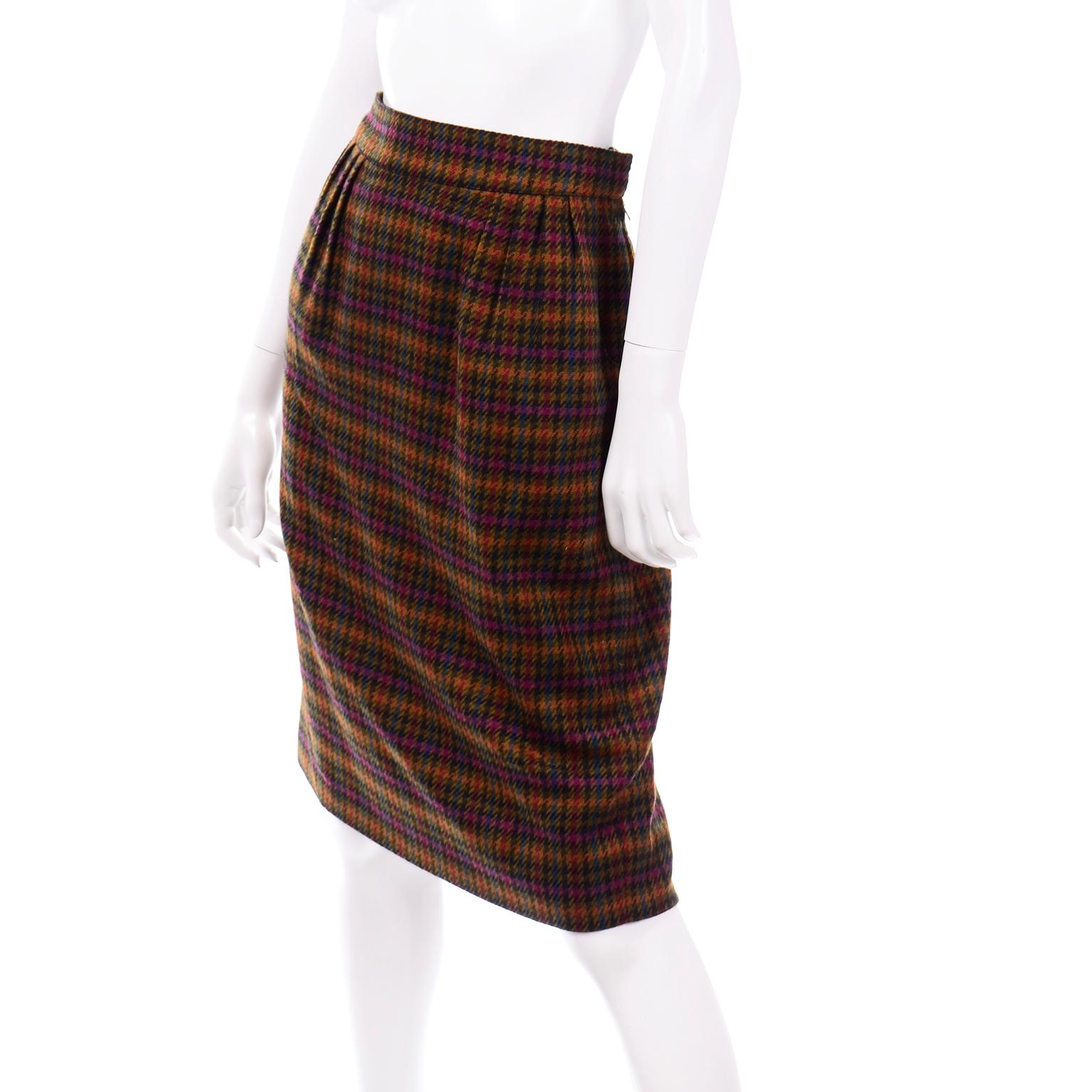1970s Vintage Hermes Plaid Multi Colored Wool Pencil Skirt For Sale 2