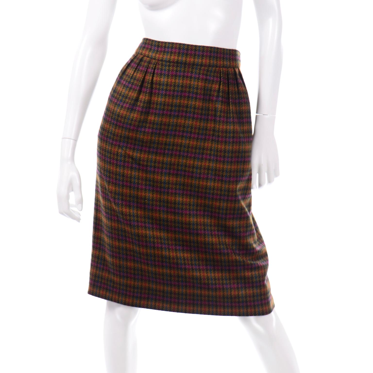 1970s Vintage Hermes Plaid Multi Colored Wool Pencil Skirt For Sale 3