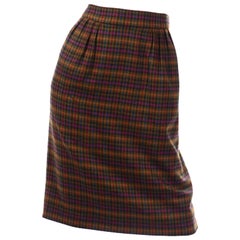 1970s Retro Hermes Plaid Multi Colored Wool Pencil Skirt