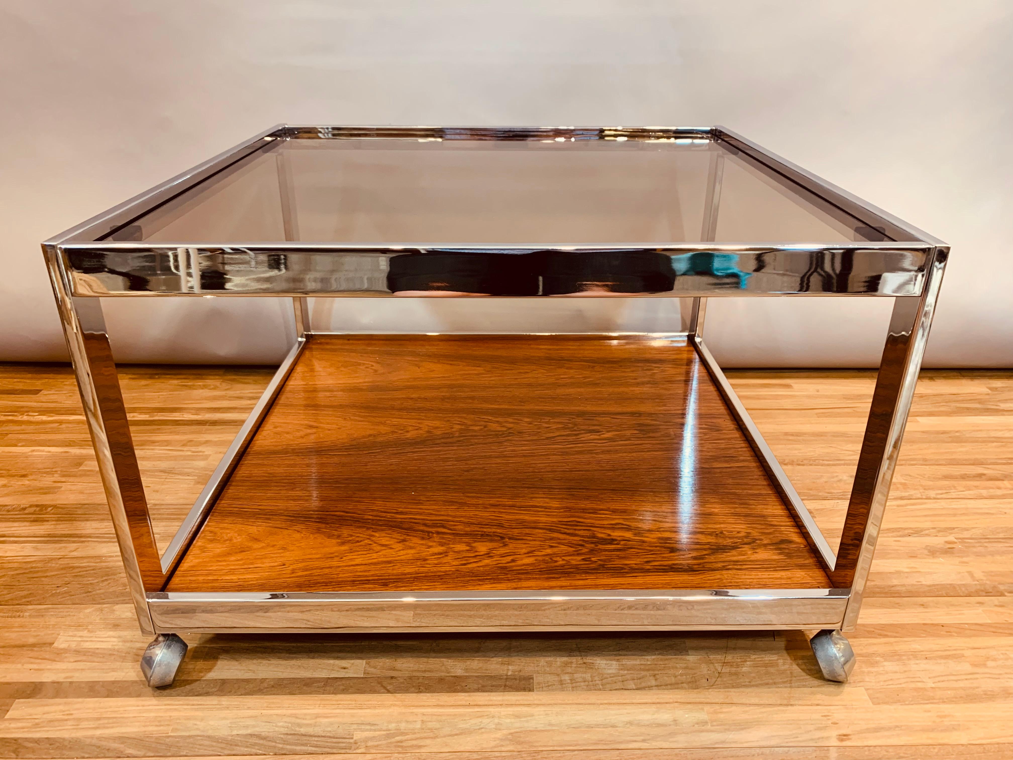 1970s Vintage Howard Miller Square Smoked Glass, Chrome & Rosewood Coffee Table 2