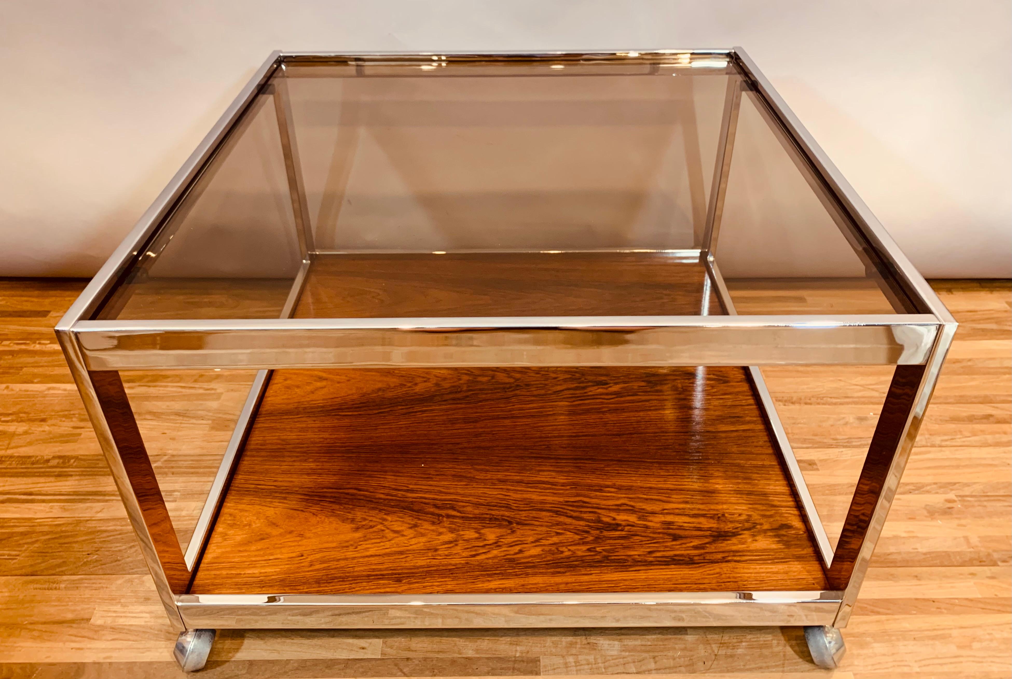 1970s Vintage Howard Miller Square Smoked Glass, Chrome & Rosewood Coffee Table 3