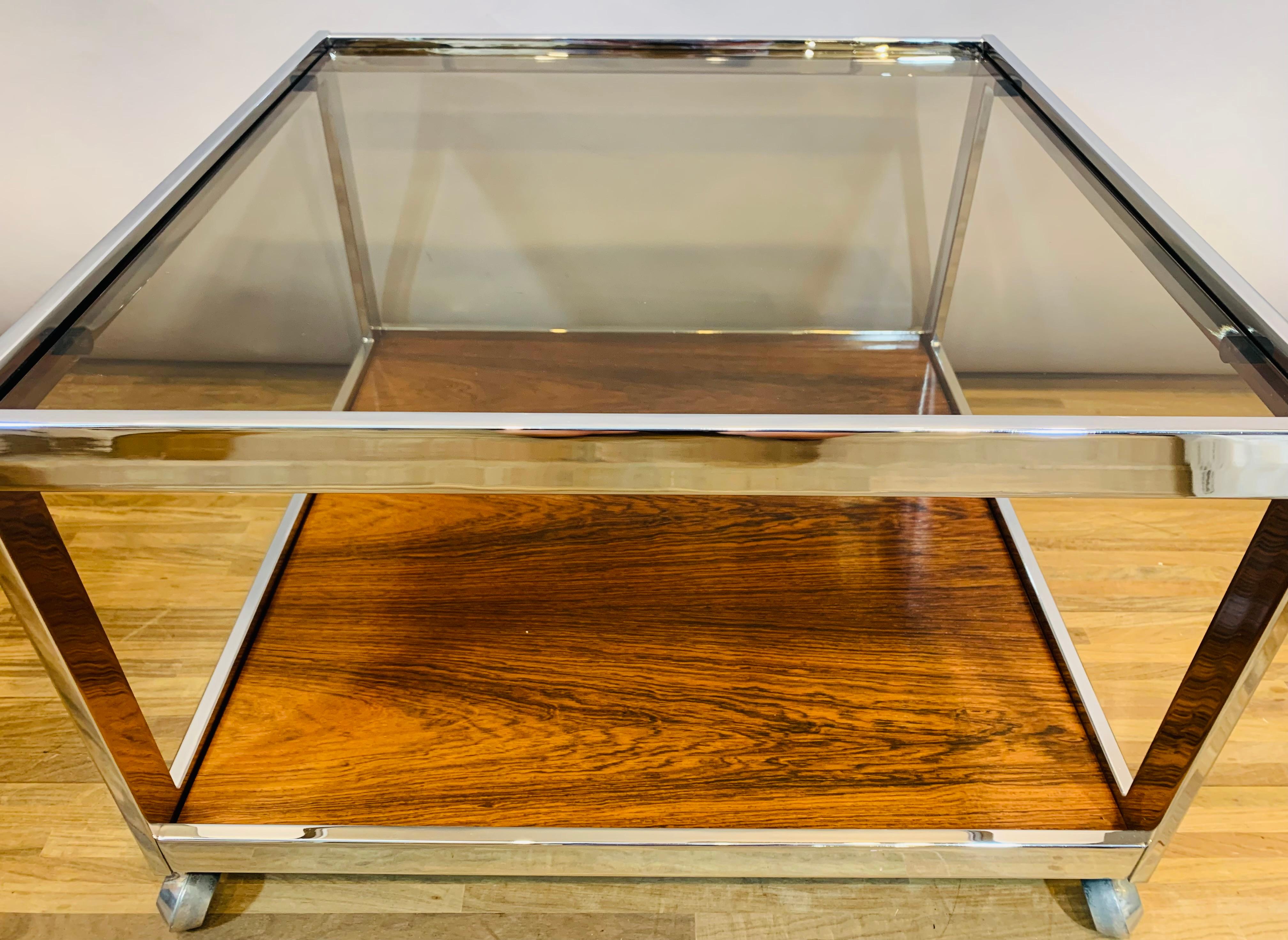 1970s Vintage Howard Miller Square Smoked Glass, Chrome & Rosewood Coffee Table 4