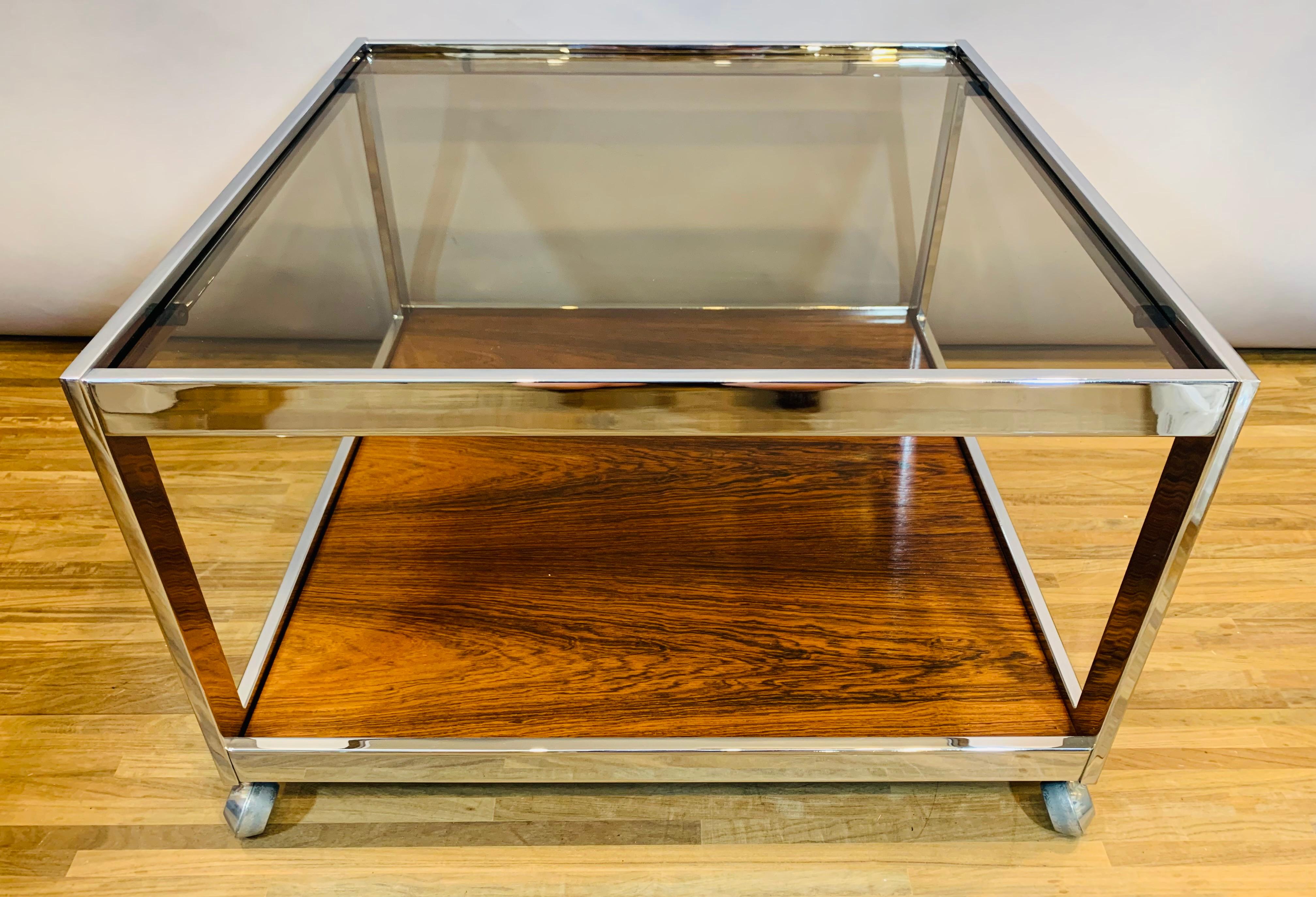 1970s Vintage Howard Miller Square Smoked Glass, Chrome & Rosewood Coffee Table 5