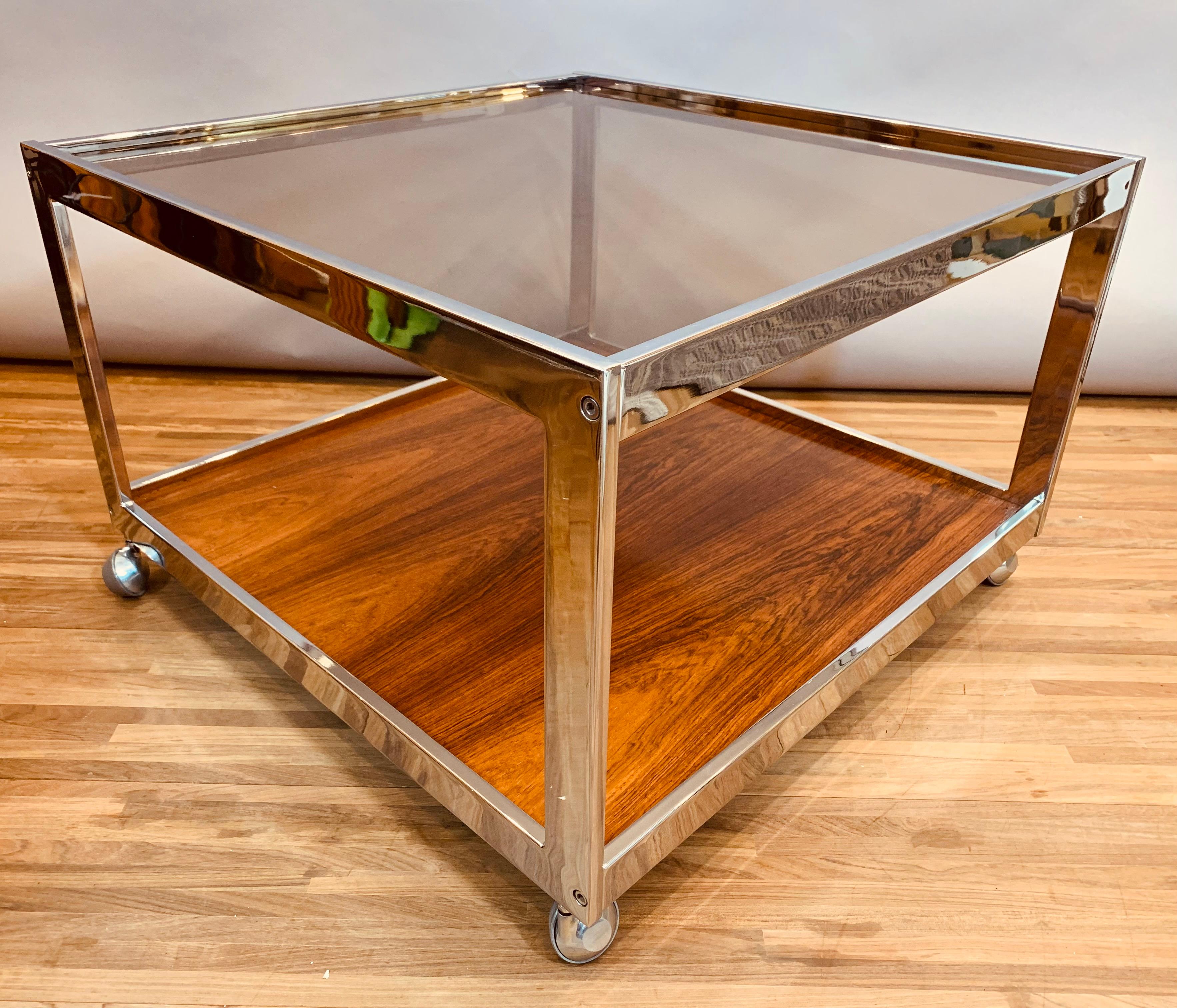 Polished 1970s Vintage Howard Miller Square Smoked Glass, Chrome & Rosewood Coffee Table