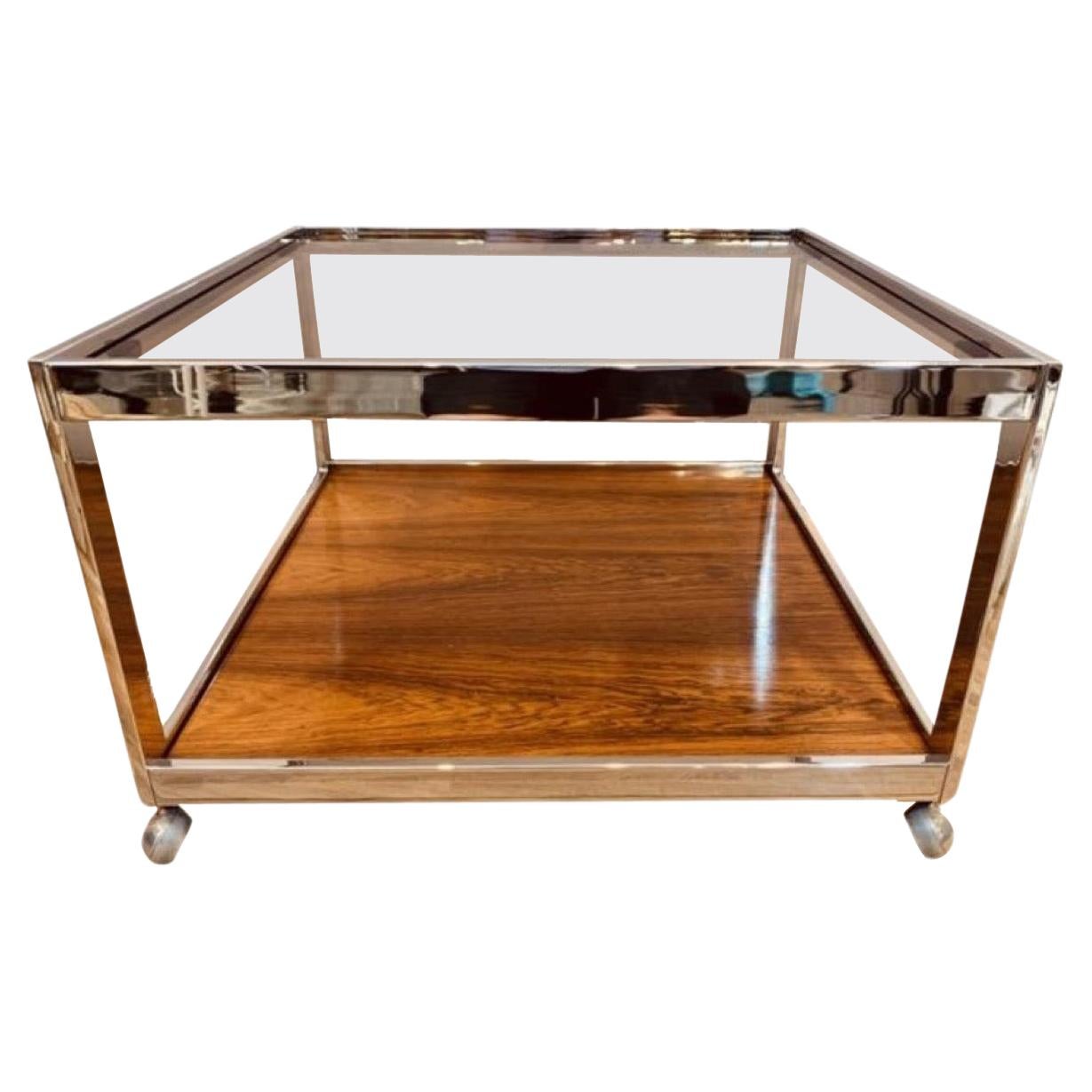 1970s Vintage Howard Miller Square Smoked Glass, Chrome & Rosewood Coffee Table