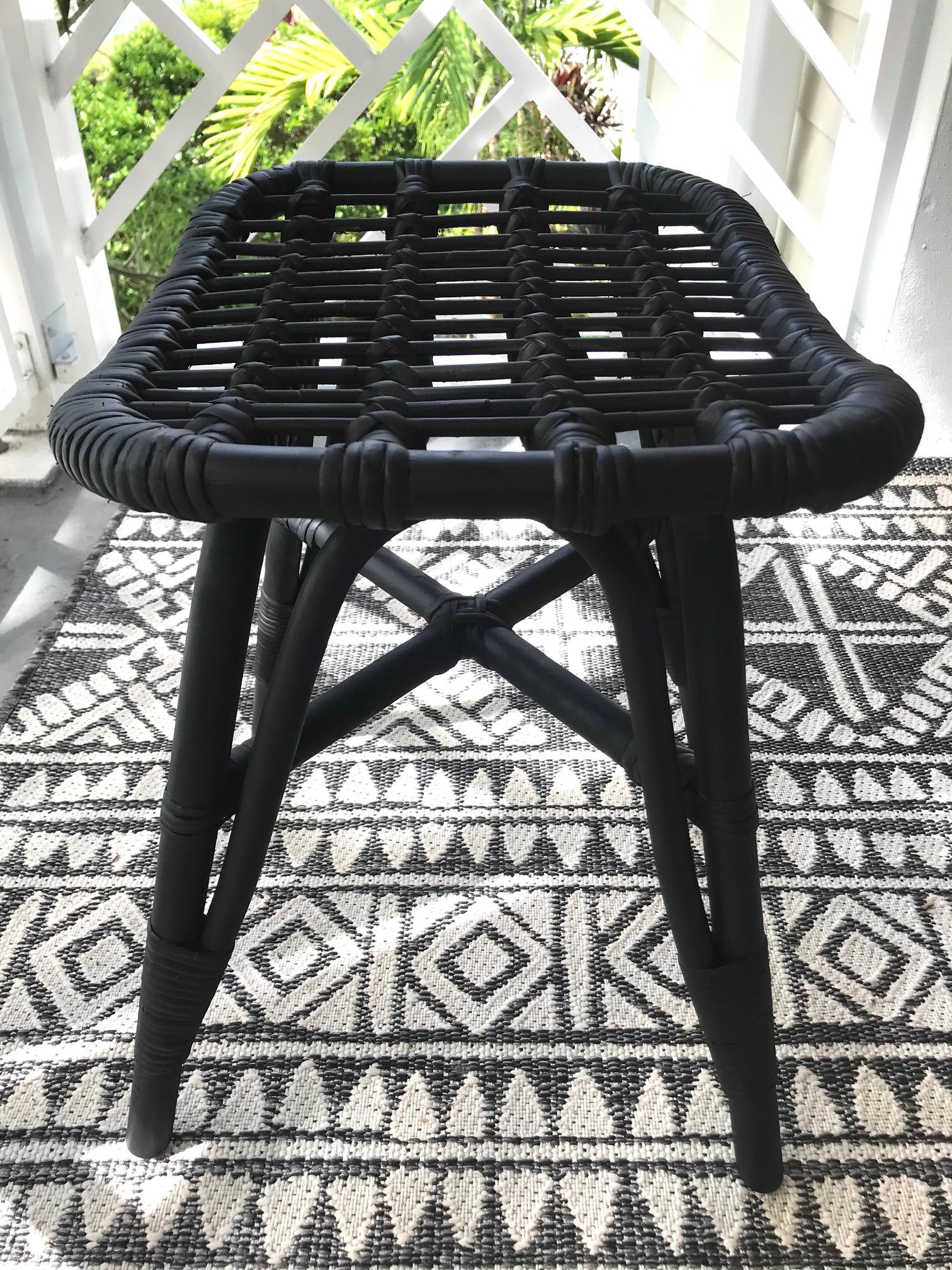 1970s Vintage Indonesian Black Bamboo and Rattan Stool or Ottoman 2