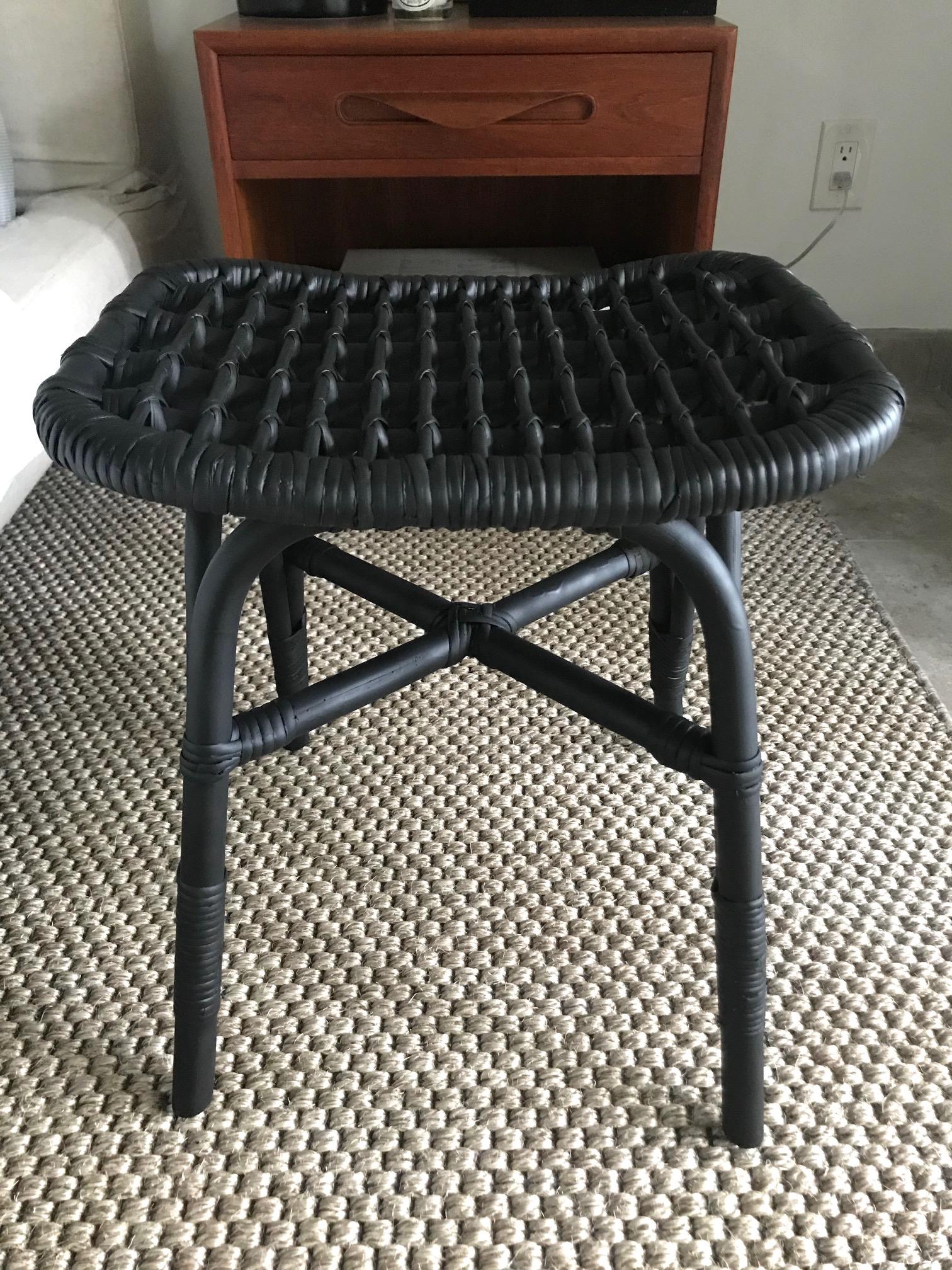 Mid-Century Modern 1970s Vintage Indonesian Black Bamboo and Rattan Stool or Ottoman