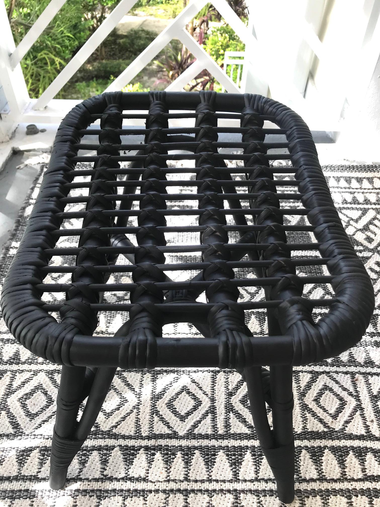 1970s Vintage Indonesian Black Bamboo and Rattan Stool or Ottoman In Good Condition In Fort Lauderdale, FL