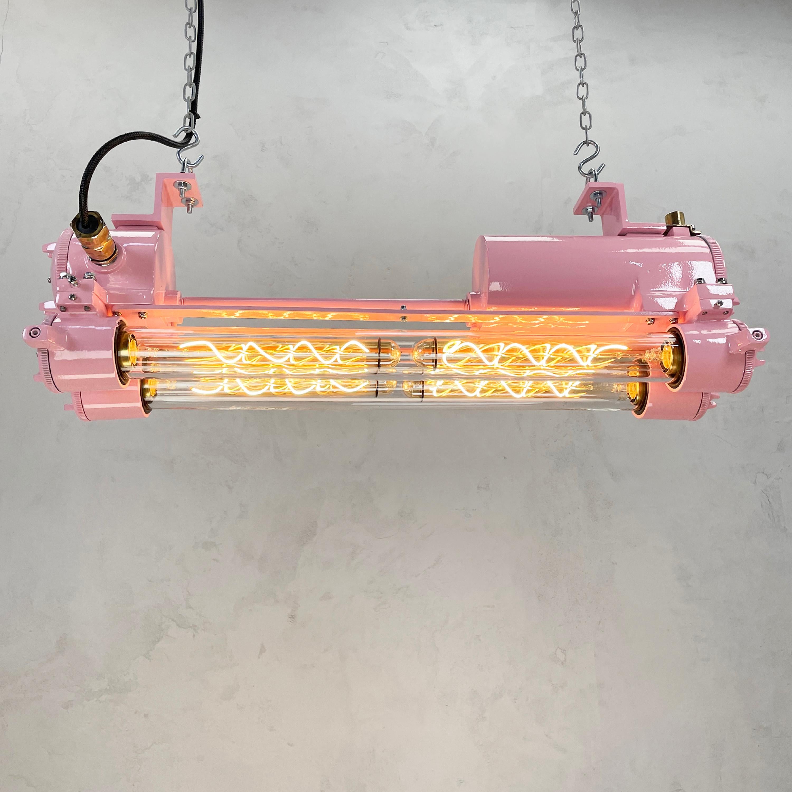 1970's Vintage Industrial Aluminum & Brass Edison Flameproof Tube Light, Pink In Excellent Condition For Sale In Leicester, Leicestershire