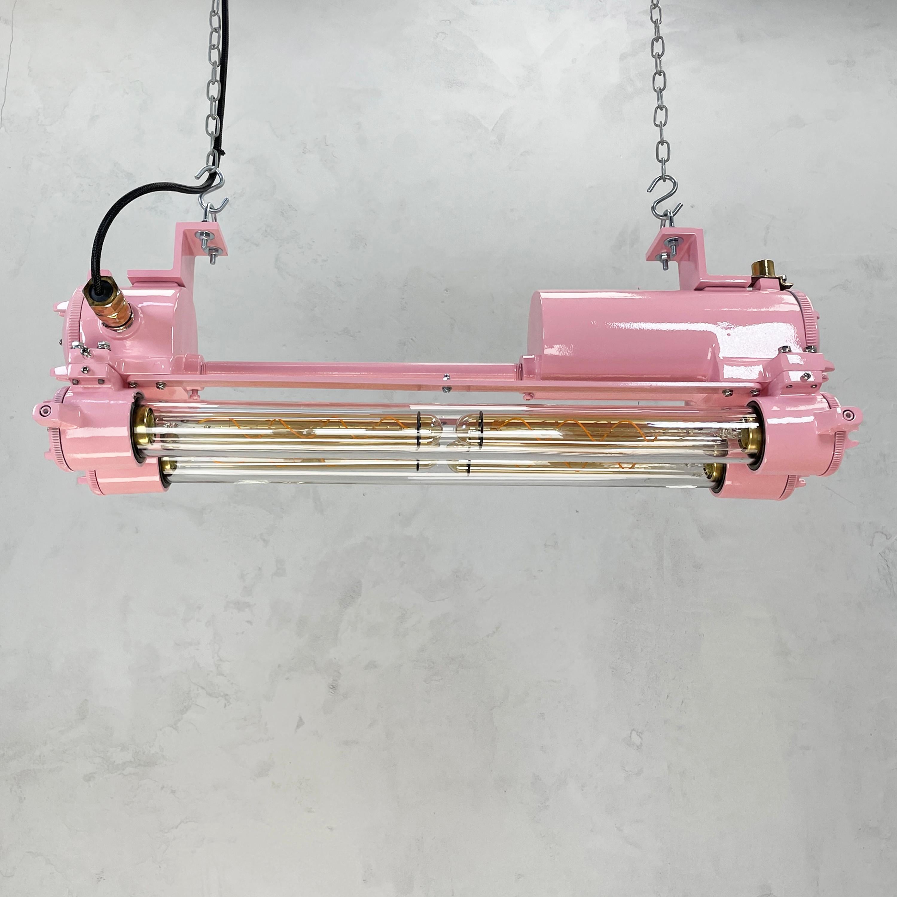20th Century 1970's Vintage Industrial Aluminum & Brass Edison Flameproof Tube Light, Pink For Sale