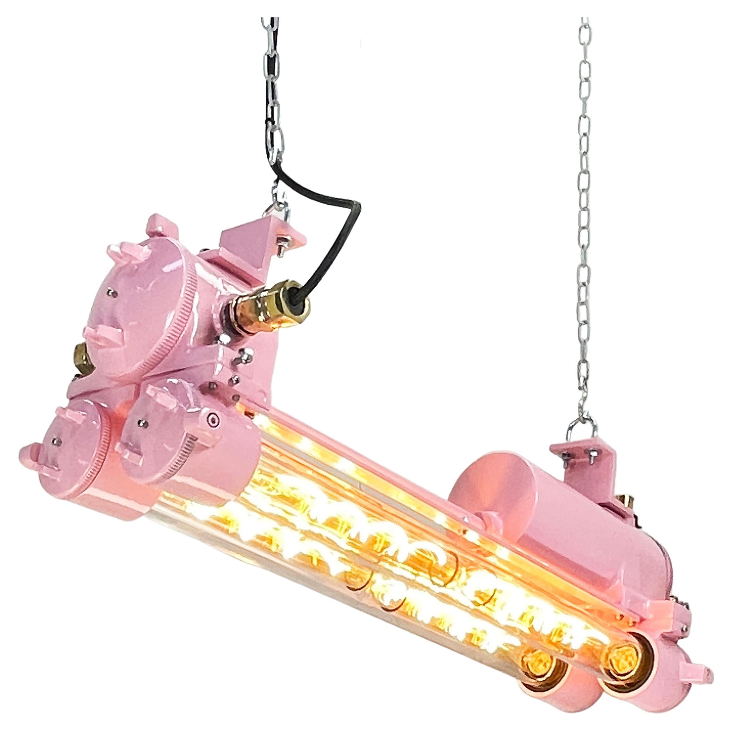 1970's Vintage Industrial Aluminum & Brass Edison Flameproof Tube Light, Pink For Sale