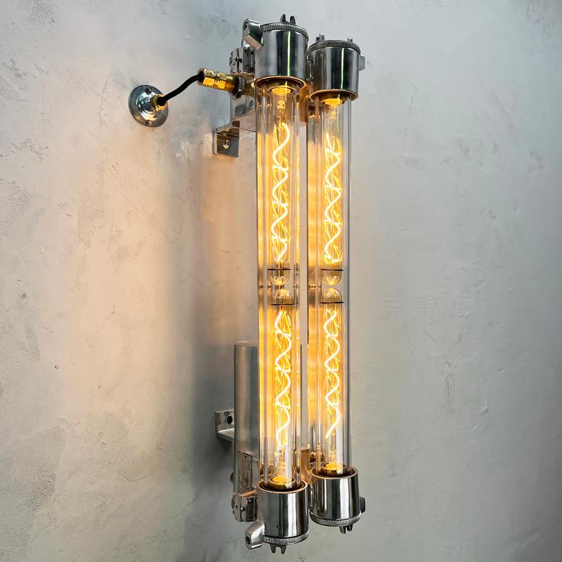 Glass 1970's Vintage Industrial Flameproof Strip Light with Edison LED Tubes For Sale