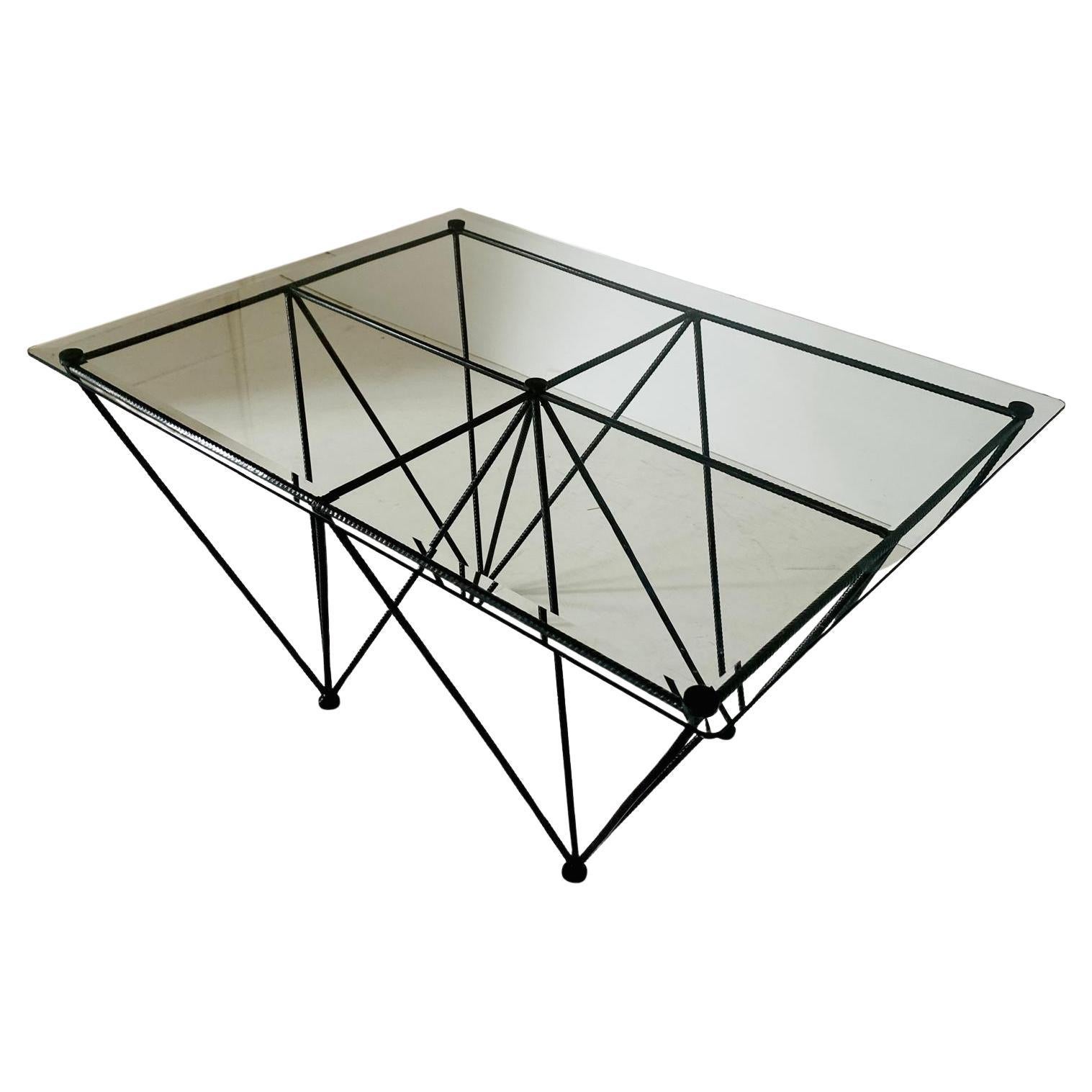 1970s Vintage Industrial Sofa Table with Metal Frame and Glass Top For Sale